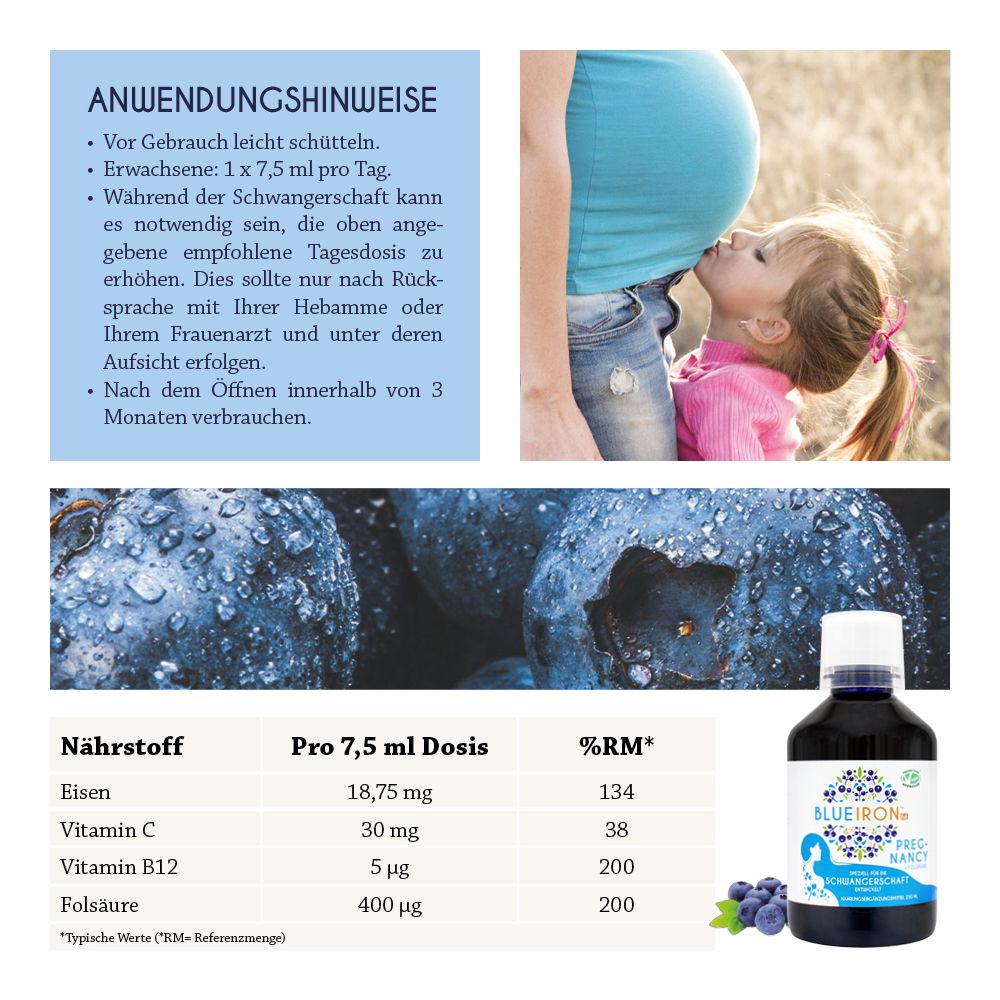 Anwendungshinweise. Schwangere Frau und Kind. Nährwerttabelle: Eisen, Vitamin C, B12, Folsäure.