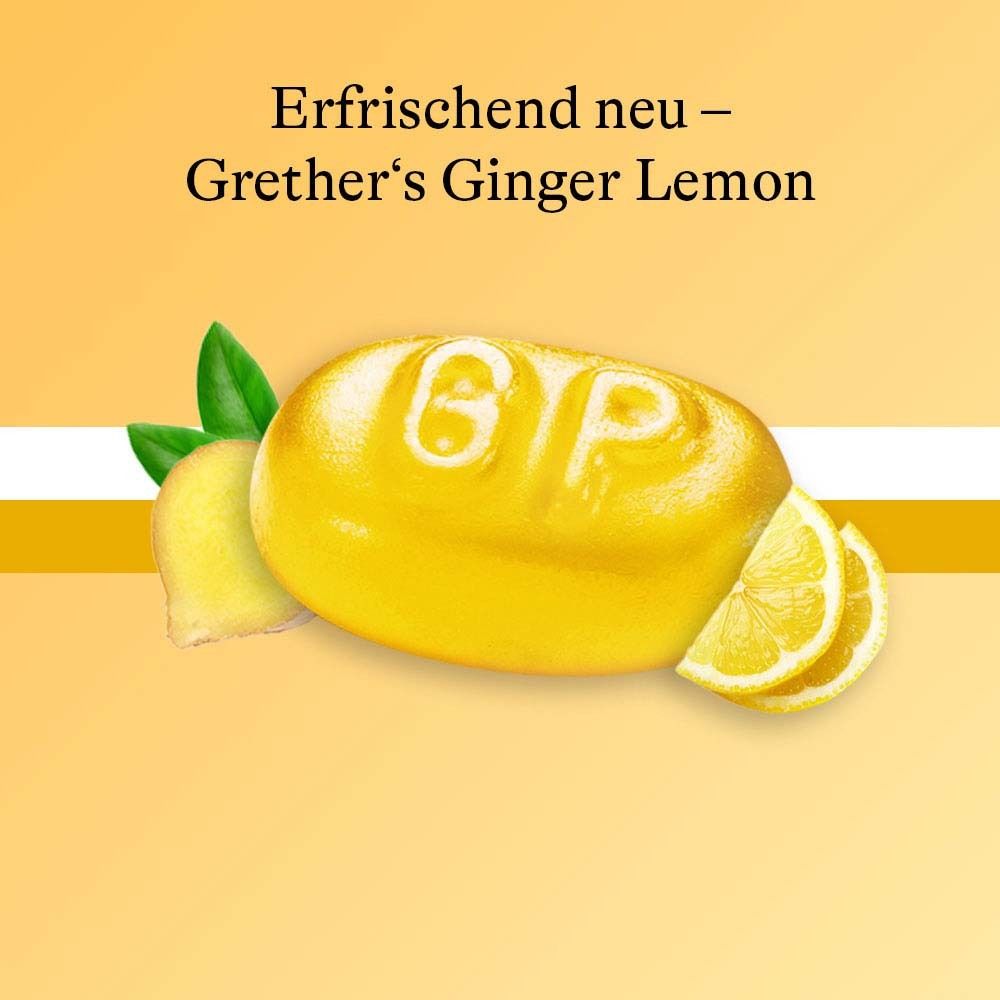 Gelbe Pastille mit 'GP' Prägung, Ingwer, Zitronenscheiben. Hintergrund: Gelb. Text: Erfrischend neu - Grether's Ginger Lemon.