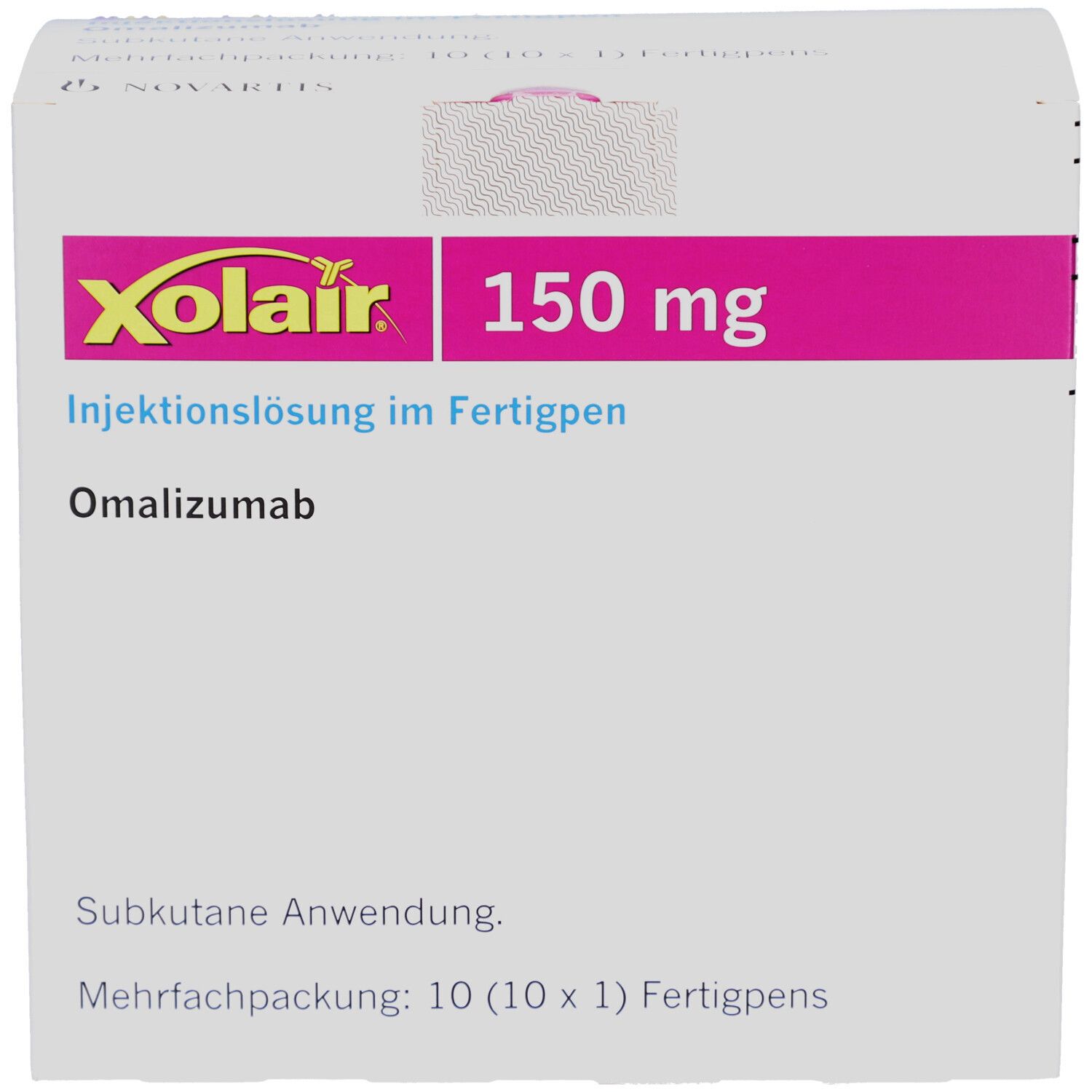 Xolair 150 mg Injektionslösung im Fertigpen. Omalizumab. Mehrfachpackung mit 10 Fertigpens. Subkutane Anwendung.