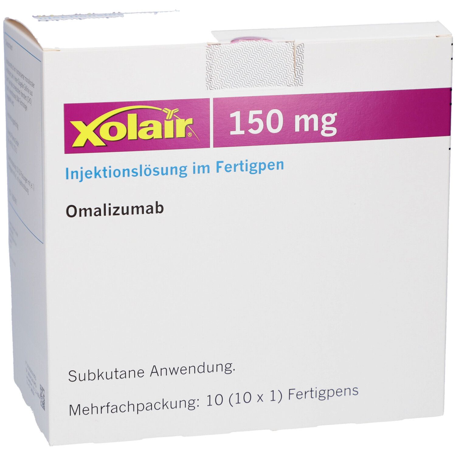 Xolair 150 mg Injektionslösung im Fertigpen. Omalizumab. Mehrfachpackung mit 10 Fertigpens. Subkutane Anwendung.