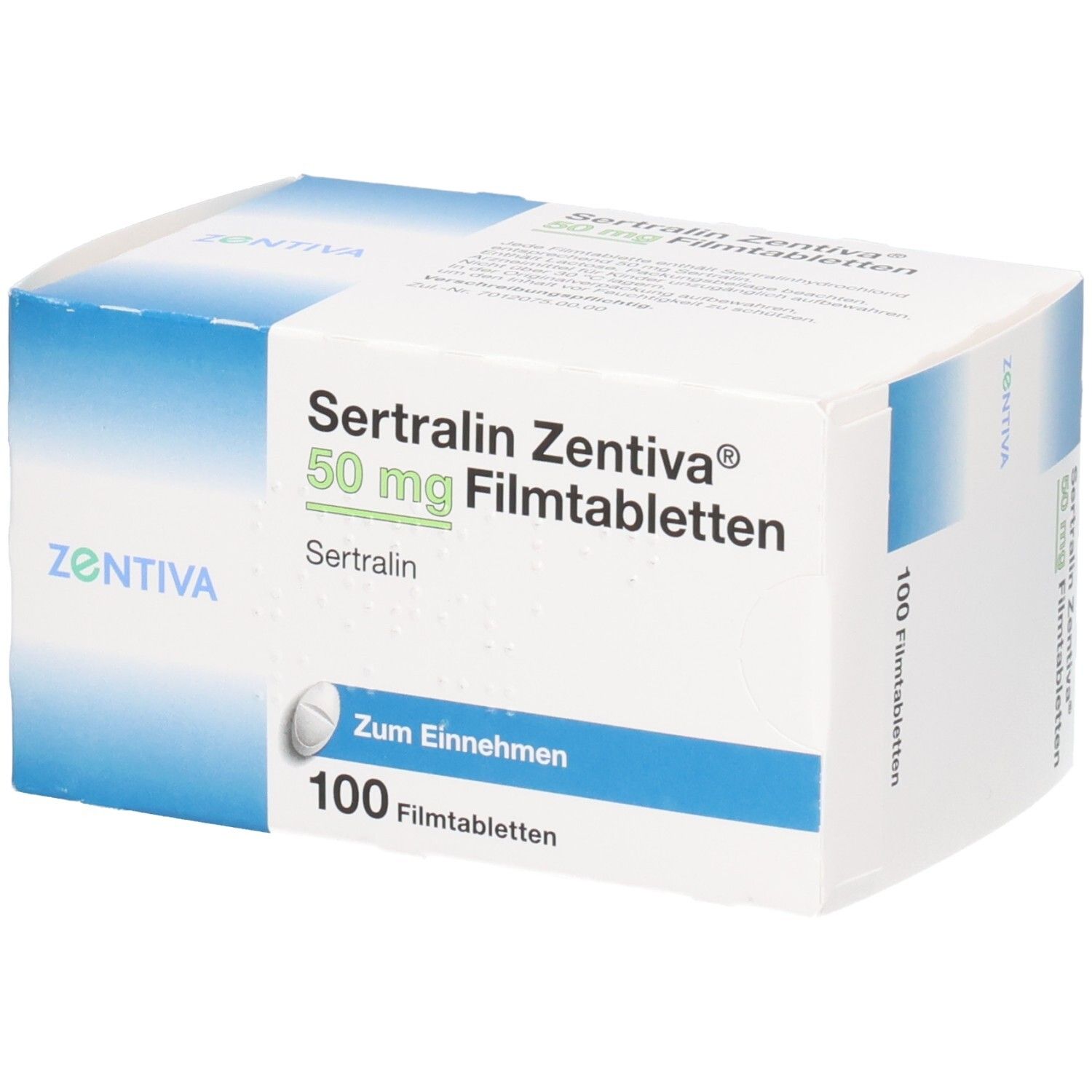 Schachtel mit SERTRALIN Zentiva 50 mg Filmtabletten. Aufschrift: 100 Filmtabletten, Zum Einnehmen. Marke: ZENTIVA.