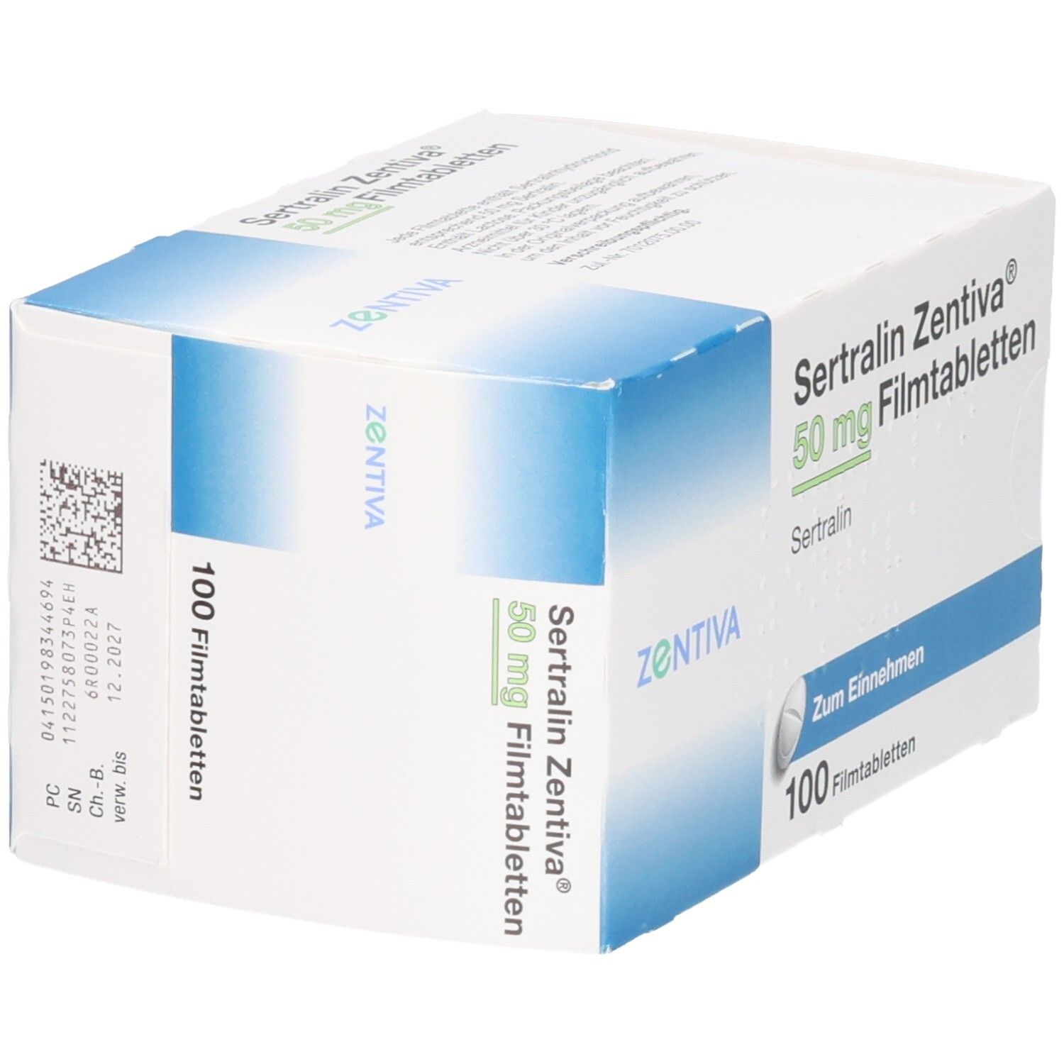Schachtel SERTRALIN Zentiva 50 mg Filmtabletten. Aufschrift: 100 Filmtabletten, Zum Einnehmen. Marke: ZENTIVA. Mit Barcode.