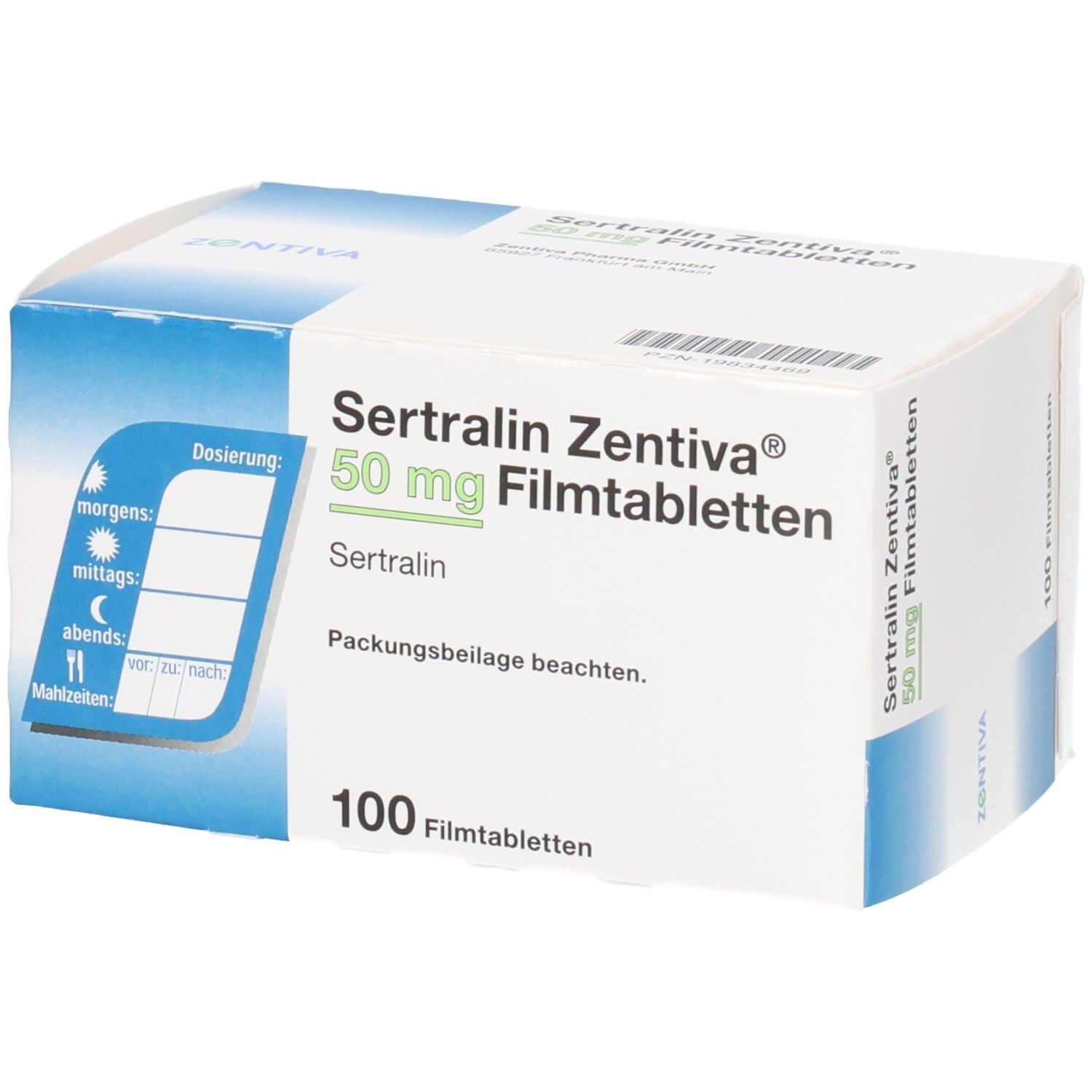 Schachtel SERTRALIN Zentiva 50 mg Filmtabletten. Aufschrift: 100 Filmtabletten. Dosierungshinweis. Marke: ZENTIVA.