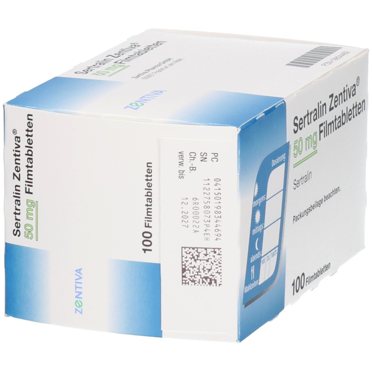 Schachtel SERTRALIN Zentiva 50 mg Filmtabletten. Aufschrift: 100 Filmtabletten. Mit Barcode und Chargennummer. Marke: ZENTIVA.