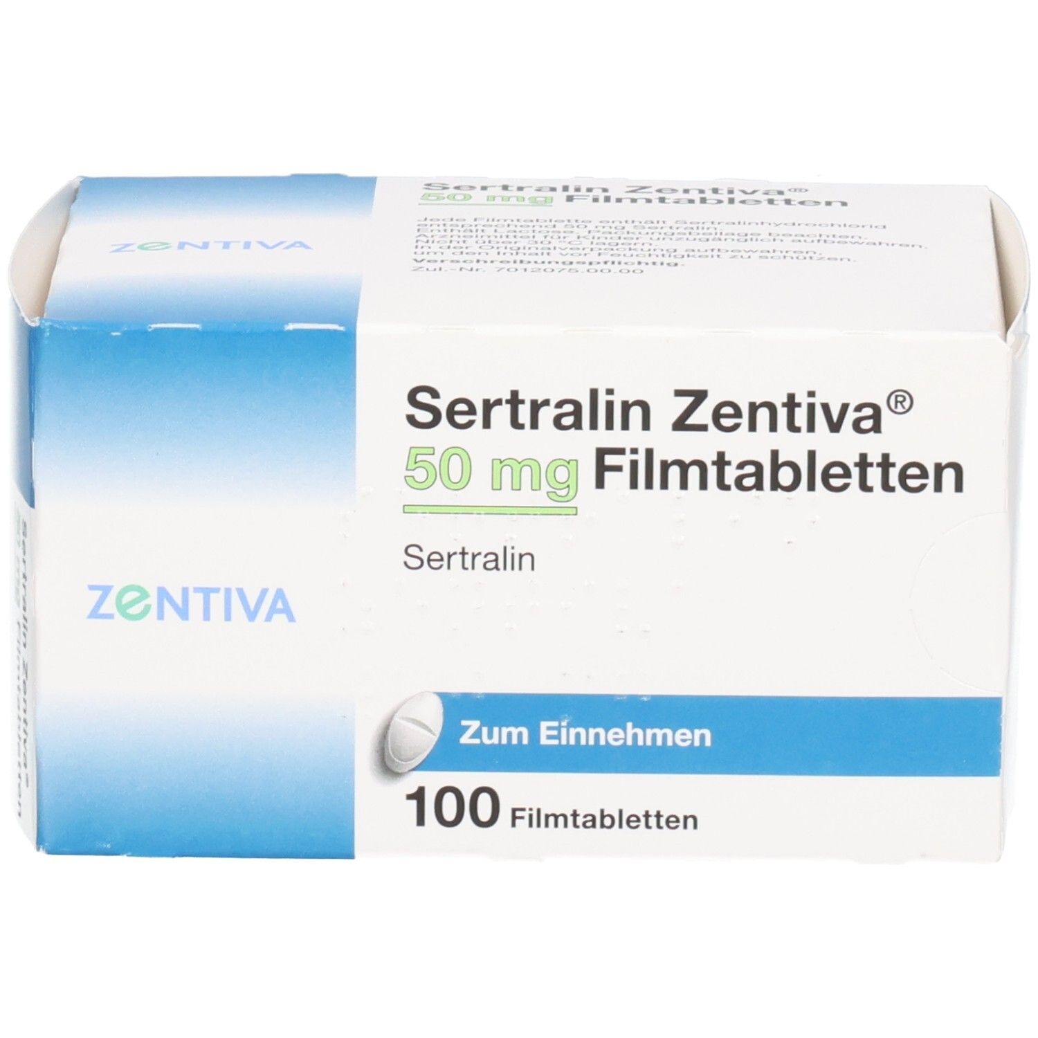Schachtel SERTRALIN Zentiva 50 mg Filmtabletten. Aufschrift: 100 Filmtabletten, Zum Einnehmen. Marke: ZENTIVA.
