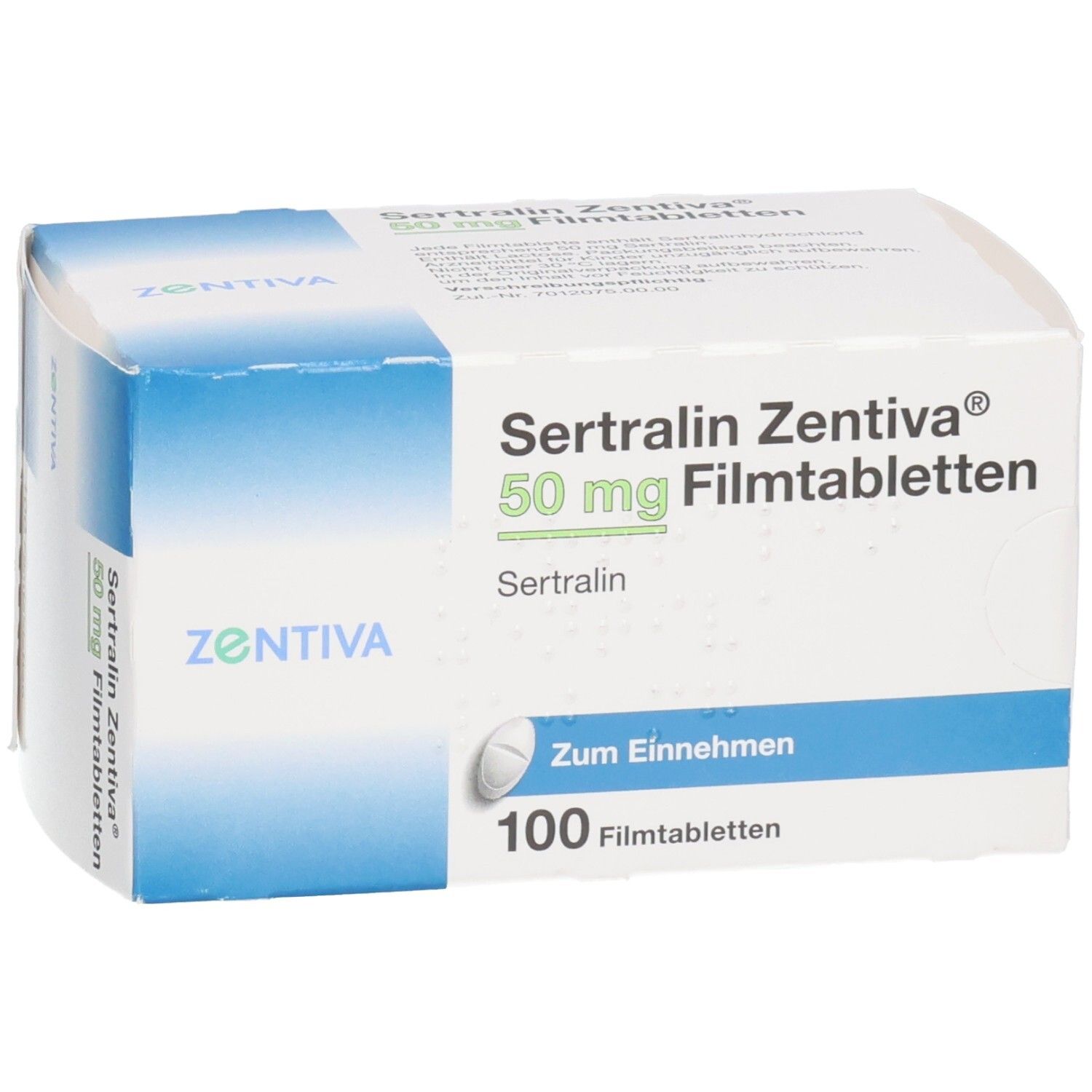 Schachtel SERTRALIN Zentiva 50 mg Filmtabletten. Aufschrift: 100 Filmtabletten, Zum Einnehmen. Marke: ZENTIVA.