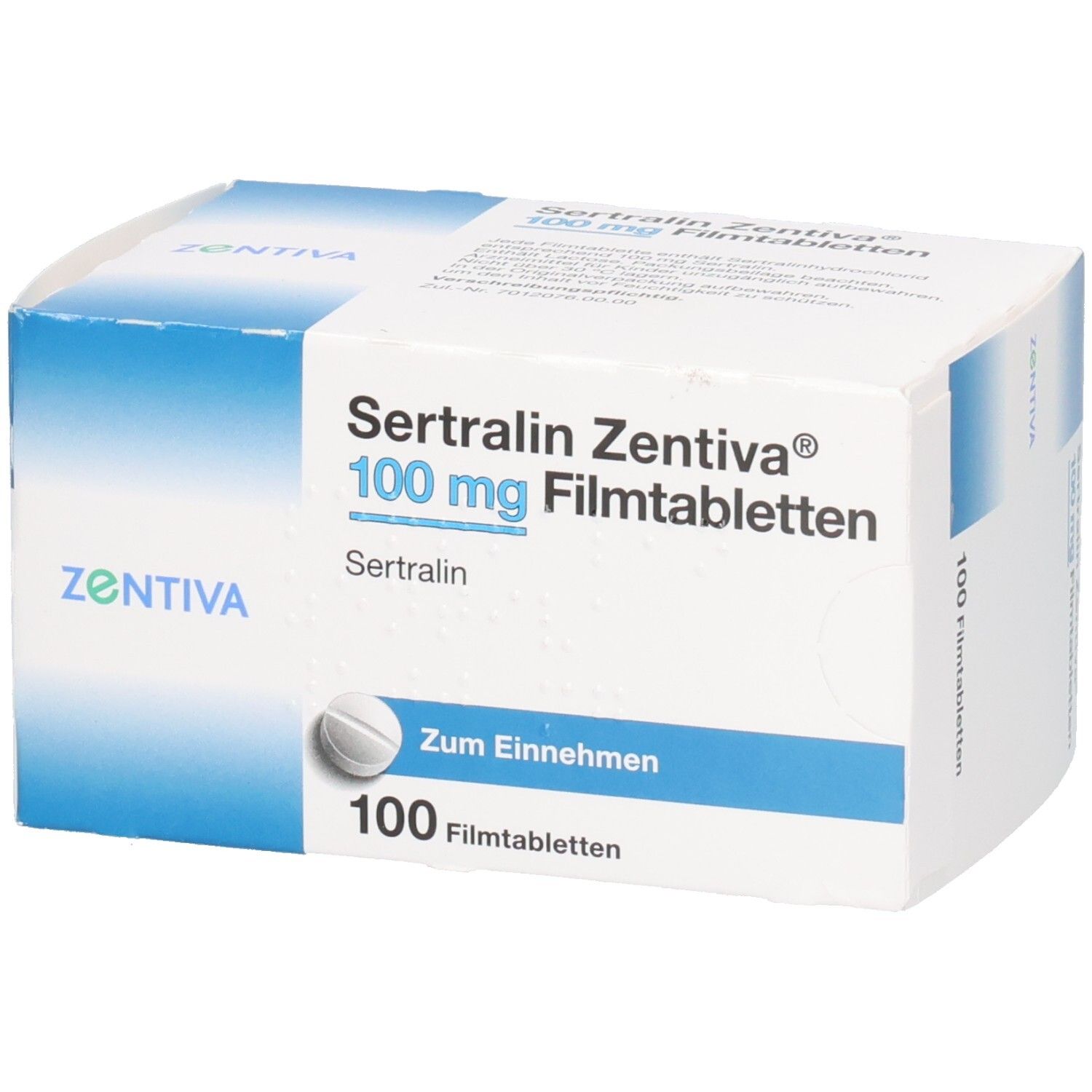Schachtel mit SERTRALIN Zentiva 100 mg Filmtabletten. Aufschrift: 100 Filmtabletten, Zum Einnehmen. Marke: Zentiva.