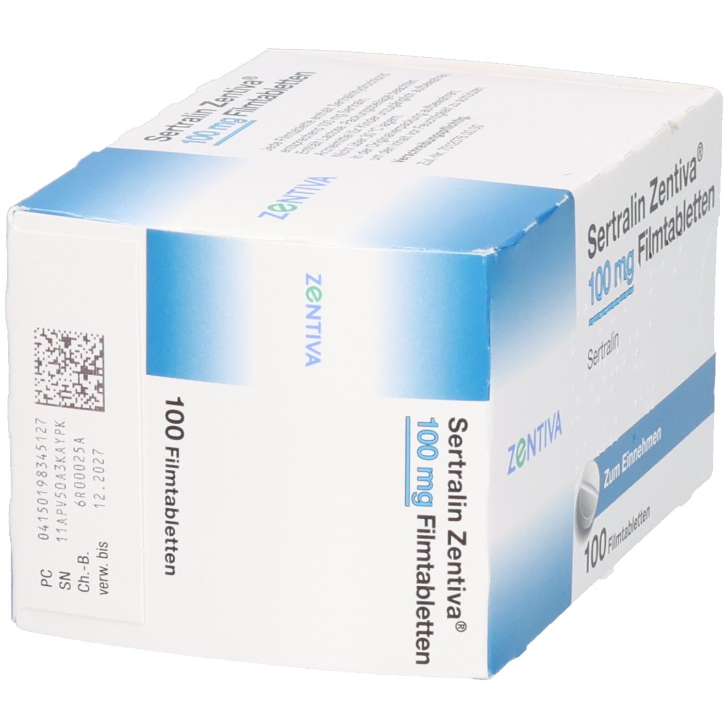 Schachtel SERTRALIN Zentiva 100 mg Filmtabletten. Aufschrift: 100 Filmtabletten. Barcode und Chargennummer. Marke: Zentiva.
