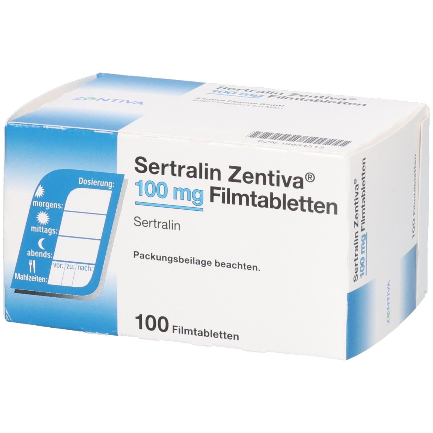 Schachtel SERTRALIN Zentiva 100 mg Filmtabletten. Aufschrift: 100 Filmtabletten. Dosierungshinweise. Marke: Zentiva.