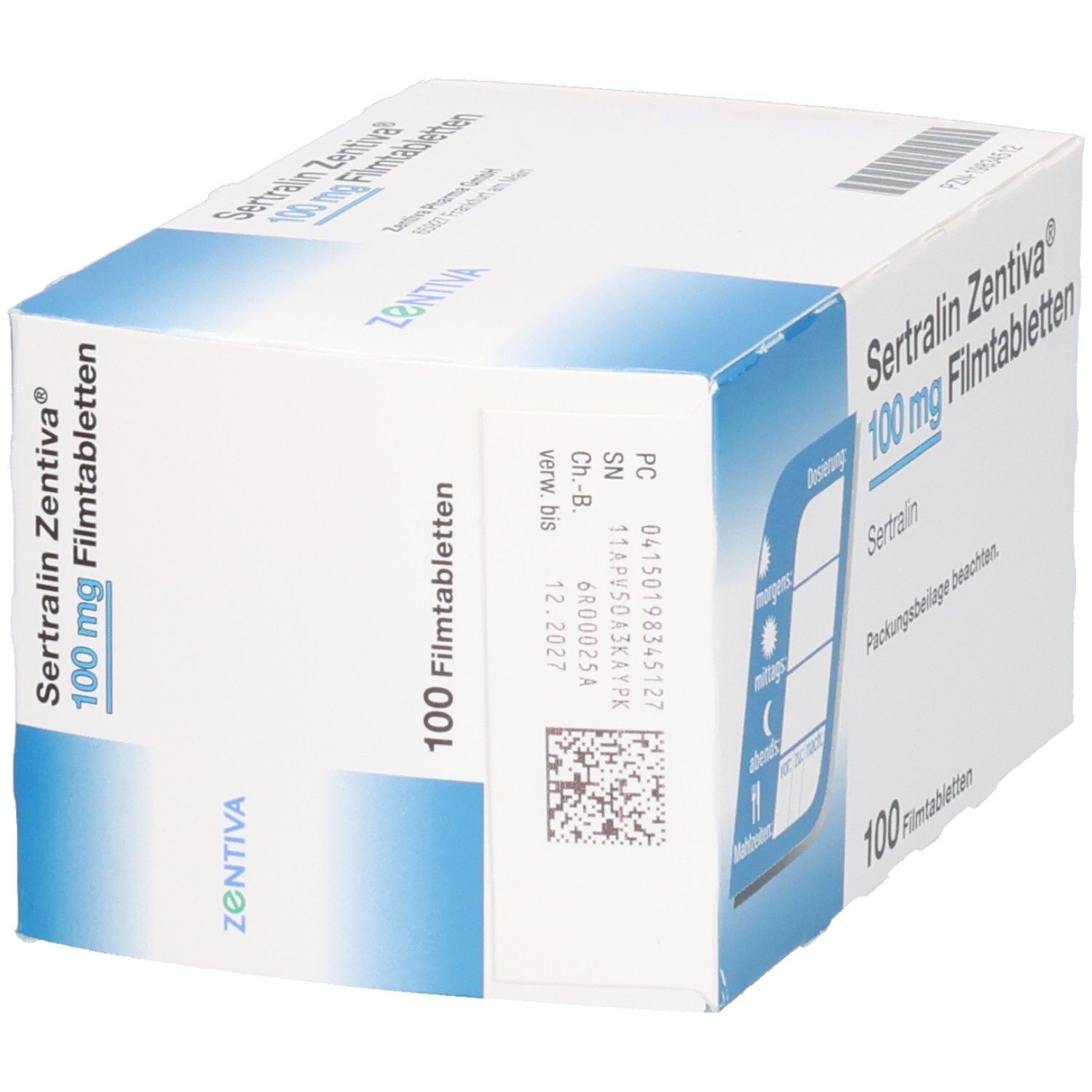 Schachtel SERTRALIN Zentiva 100 mg Filmtabletten. Aufschrift: 100 Filmtabletten. Barcode, Chargennummer und Dosierungshinweise. Marke: Zentiva.