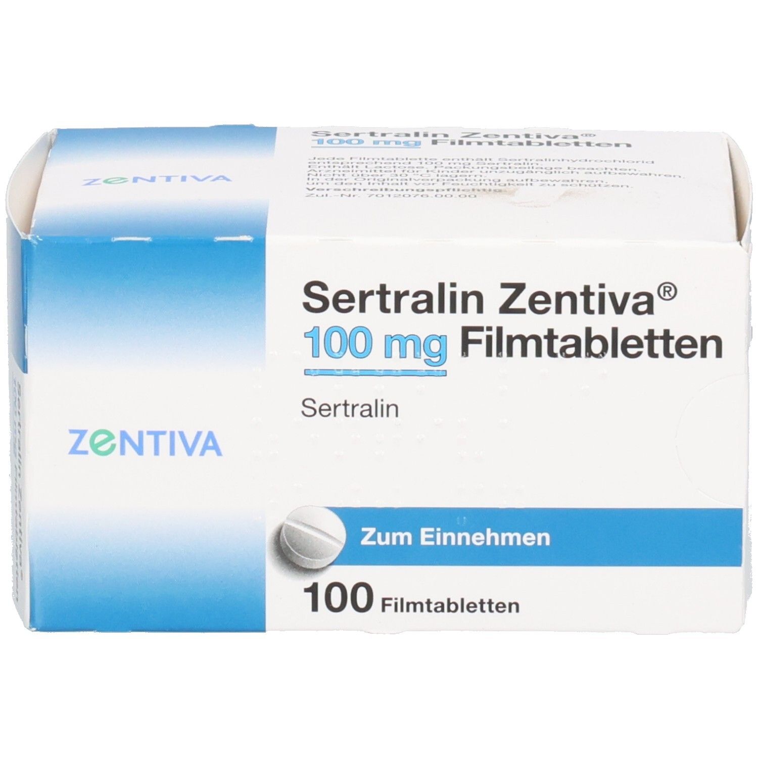Schachtel SERTRALIN Zentiva 100 mg Filmtabletten. Aufschrift: 100 Filmtabletten, Zum Einnehmen. Marke: Zentiva.