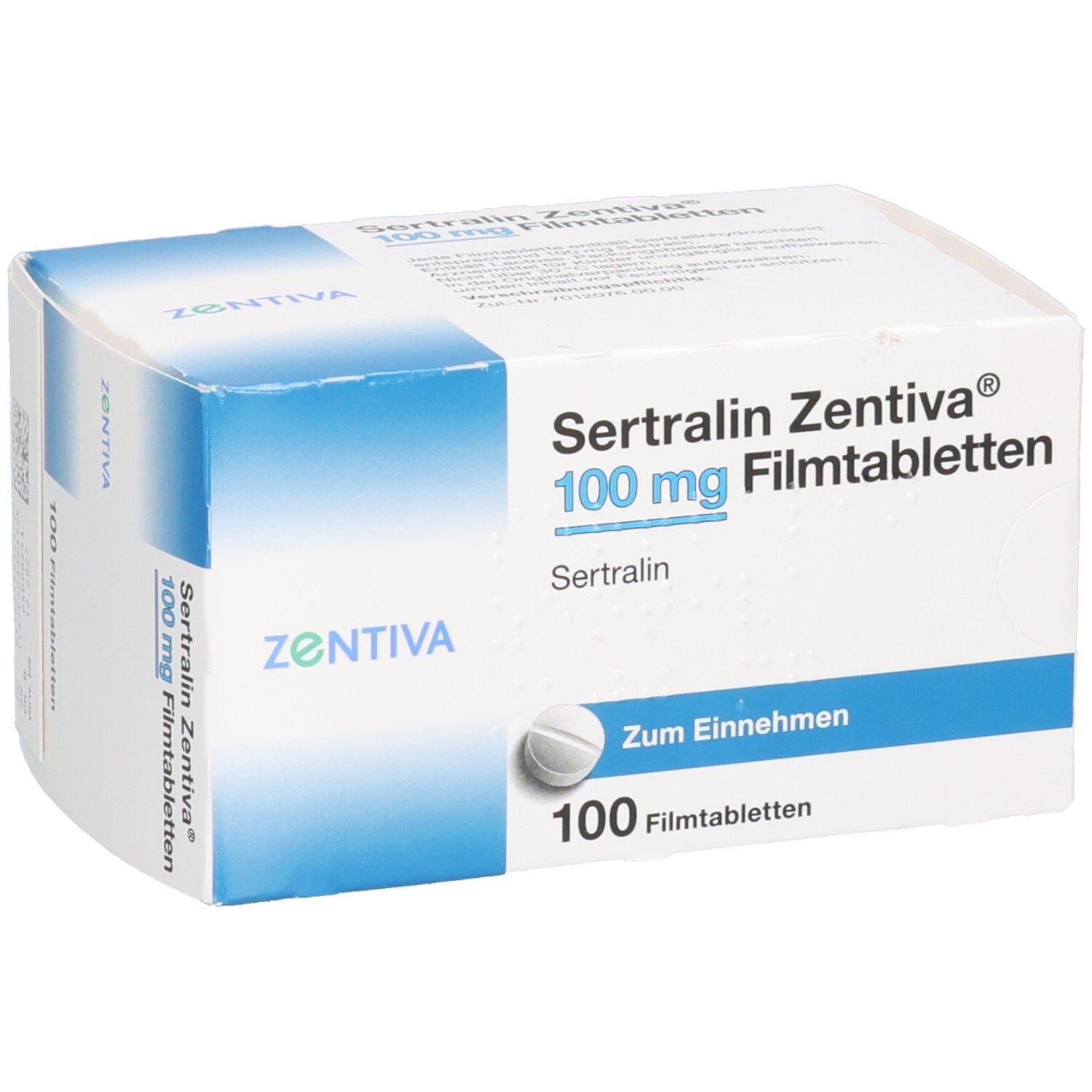 Schachtel SERTRALIN Zentiva 100 mg Filmtabletten. Aufschrift: 100 Filmtabletten, Zum Einnehmen. Marke: Zentiva.