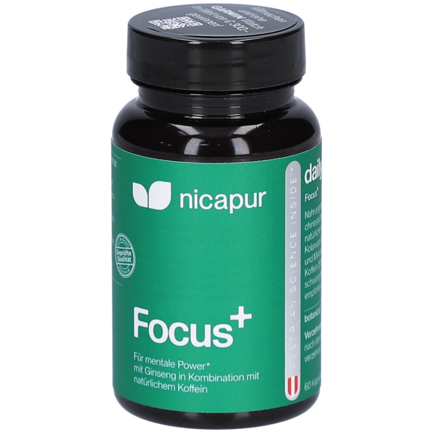 Schwarze Flasche mit grüner Banderole. Aufschrift: nicapur Focus+. Enthält 60 Kapseln. Mit Ginseng und Koffein.