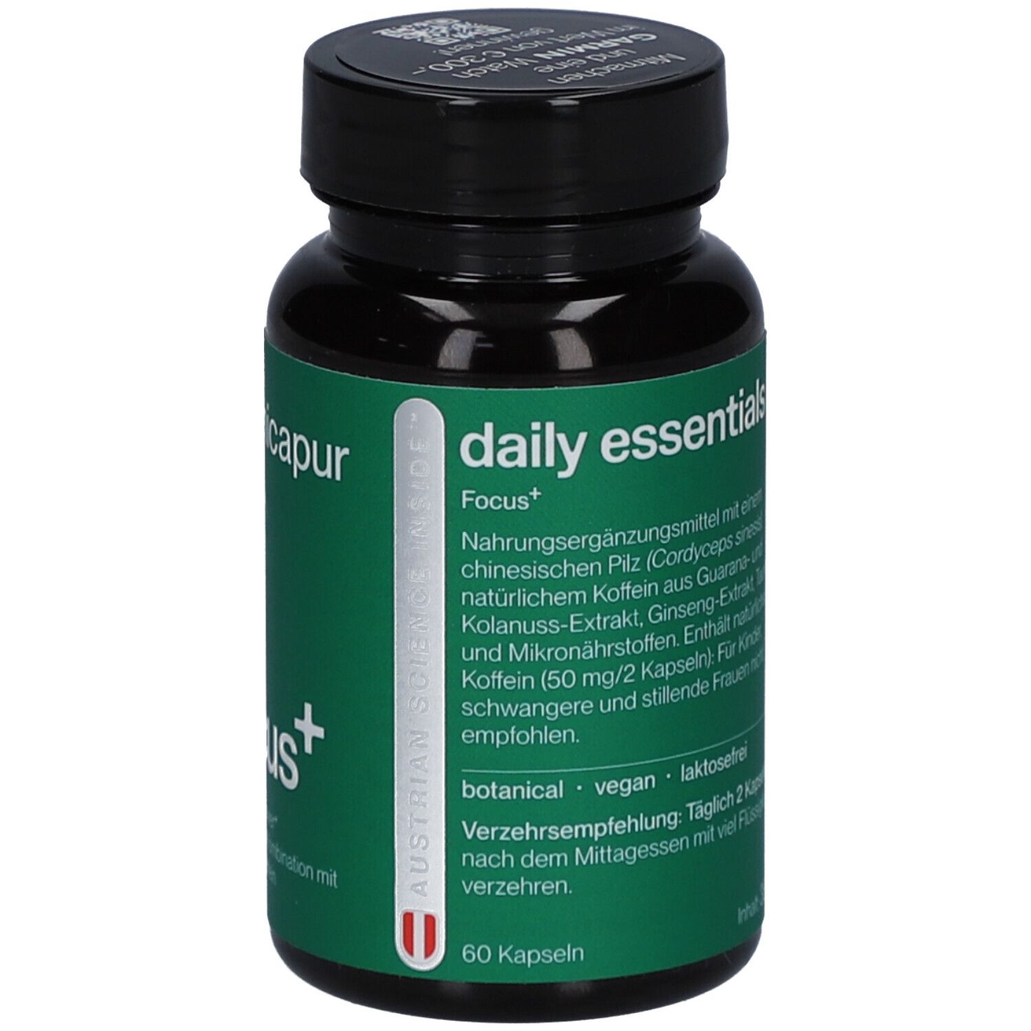 Schwarze Flasche mit grüner Banderole. Aufschrift: nicapur daily essentials. Enthält 60 Kapseln. Mit Koffein.