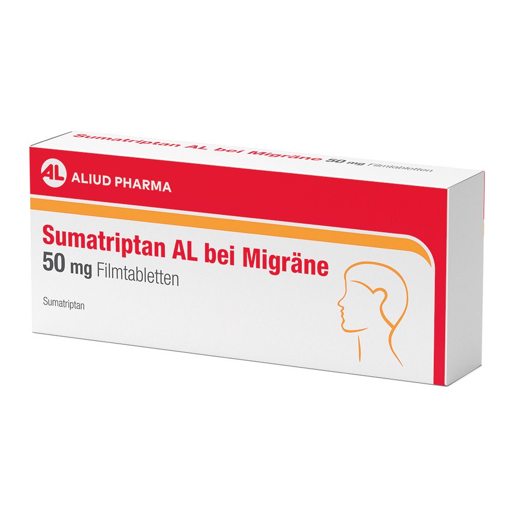 Packung Sumatriptan AL bei Migräne 50 mg Filmtabletten mit Kopfprofil.