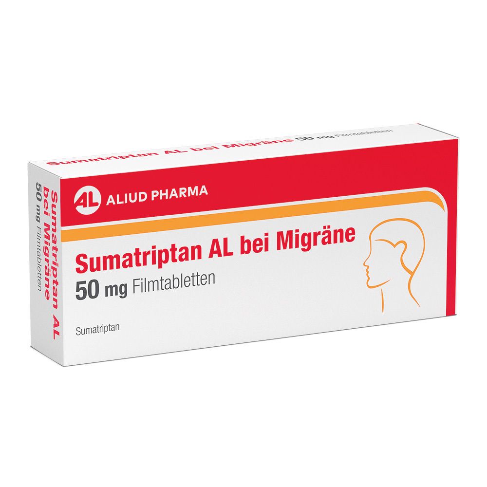 Packung Sumatriptan AL bei Migräne 50 mg Filmtabletten, Seitenansicht.