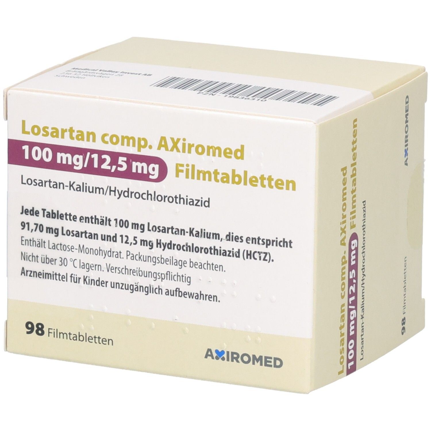 Verpackung von Losartan comp. AXiromed 100 mg/12,5 mg Filmtabletten, 98 Stück.