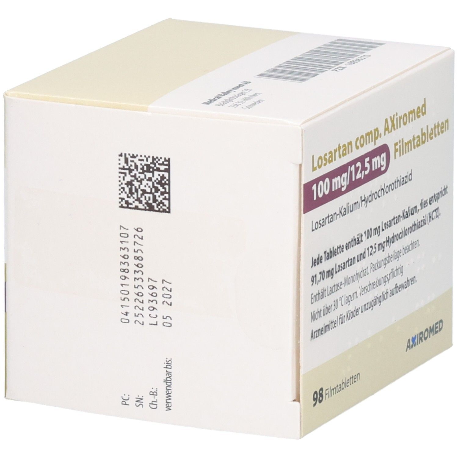 Rückseite der Verpackung von Losartan comp. AXiromed 100 mg/12,5 mg Filmtabletten mit Chargennummer und Verfallsdatum.