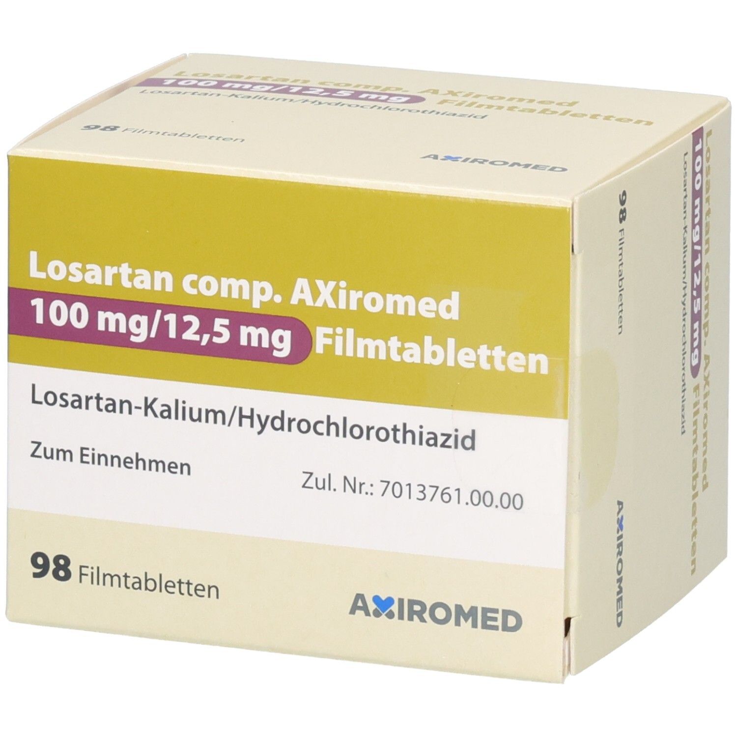 Vorderseite der Verpackung von Losartan comp. AXiromed 100 mg/12,5 mg Filmtabletten, 98 Stück.