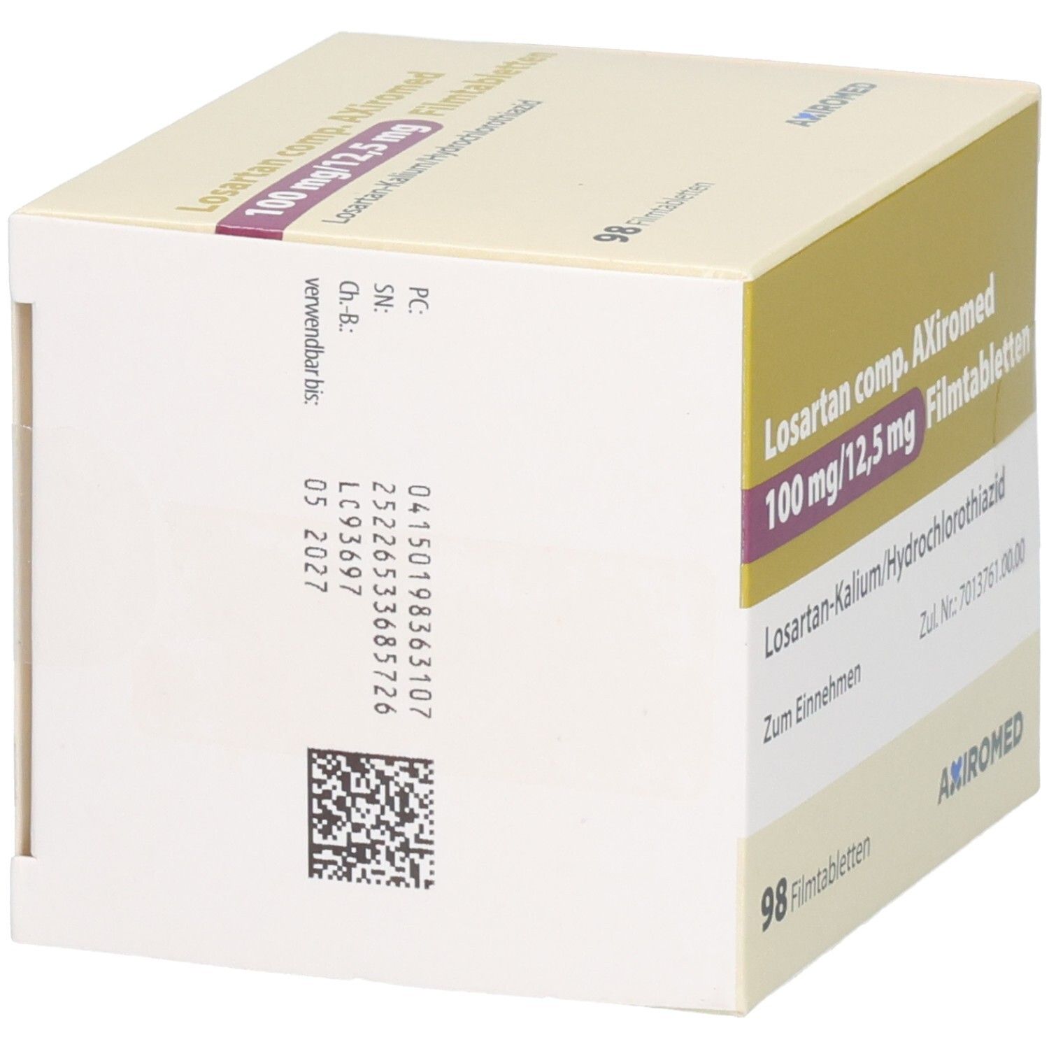 Seitenansicht der Verpackung von Losartan comp. AXiromed 100 mg/12,5 mg Filmtabletten mit Chargennummer und Verfallsdatum.