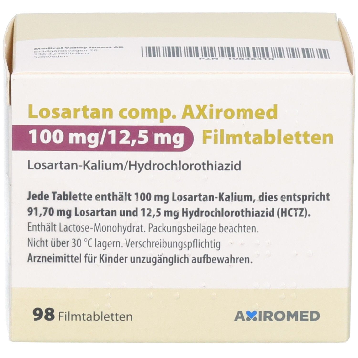 Verpackung von Losartan comp. AXiromed 100 mg/12,5 mg Filmtabletten, 98 Stück, mit detaillierter Beschreibung.
