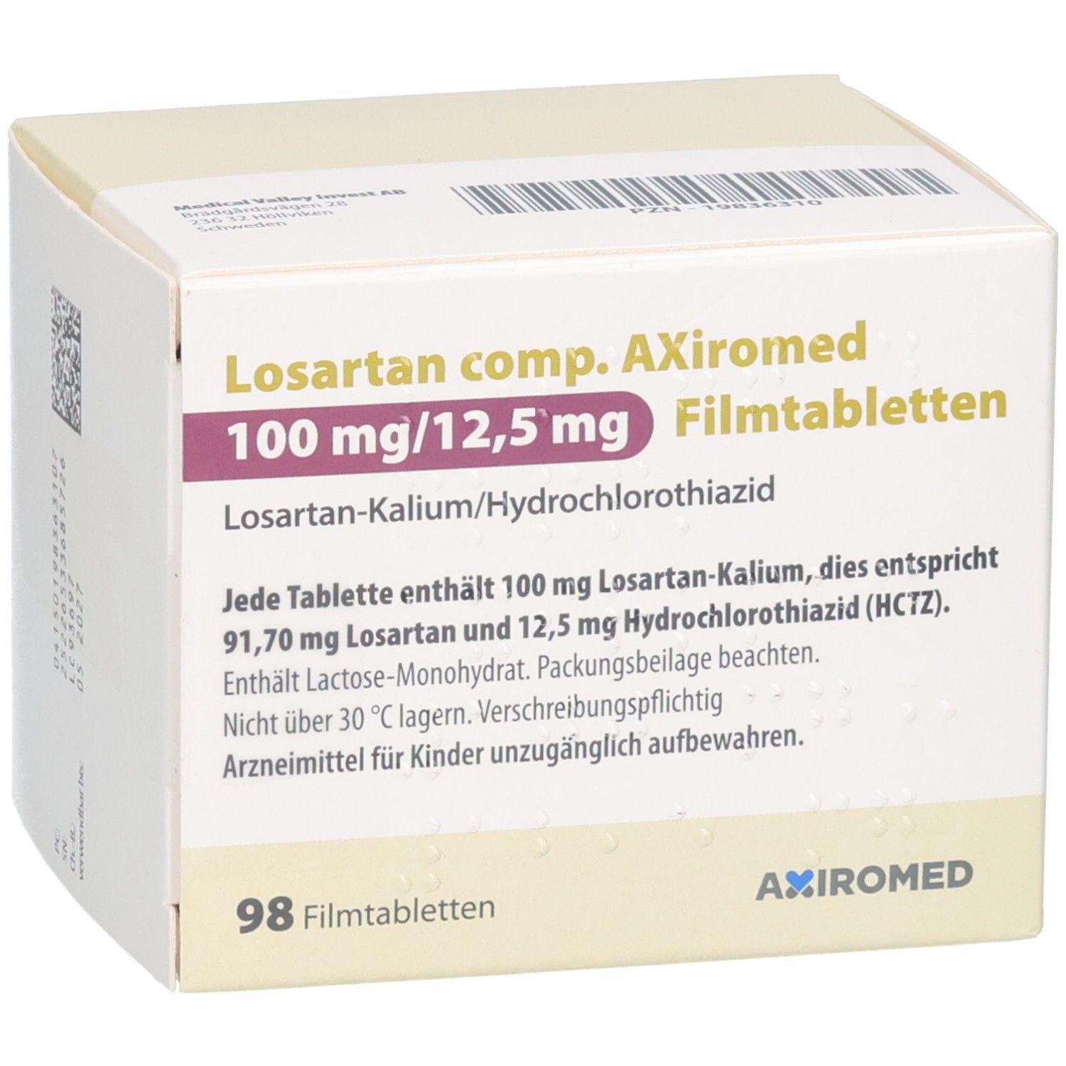 Verpackung von Losartan comp. AXiromed 100 mg/12,5 mg Filmtabletten, 98 Stück, mit Herstellerinformationen.