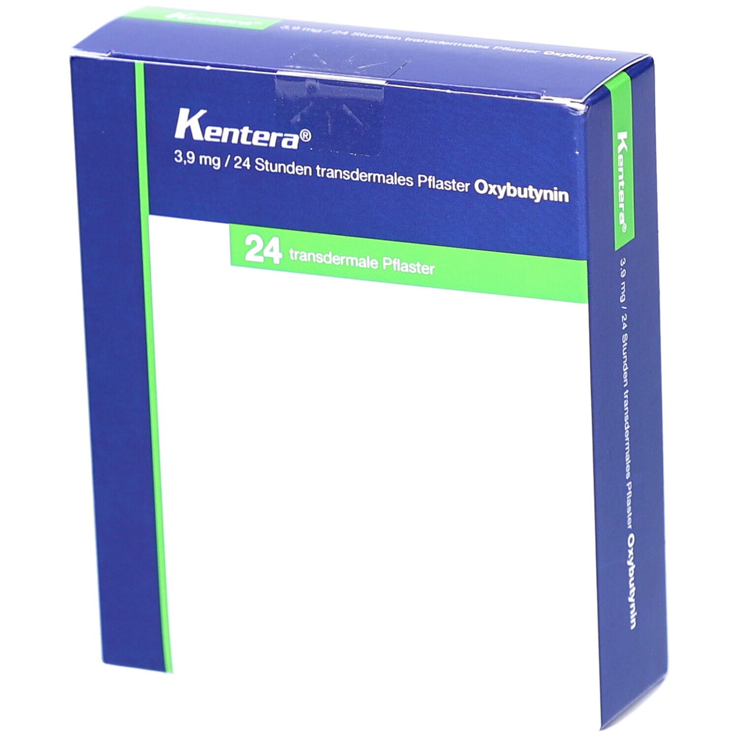 Blau-grüne Faltschachtel. Aufschrift: Kentera 3,9 mg/24 Stunden transdermales Pflaster Oxybutynin. 24 transdermale Pflaster.