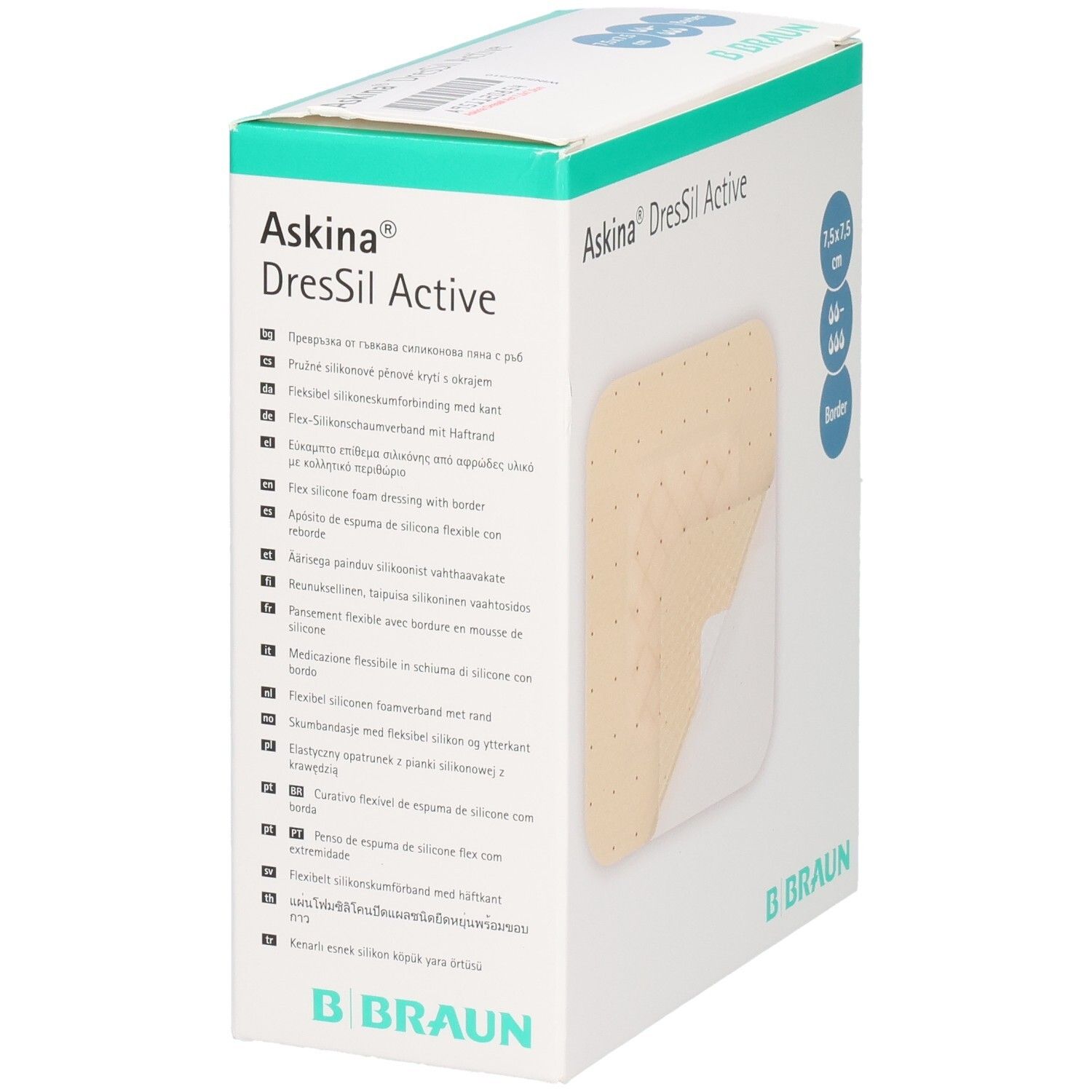 Askina® DressSil Active Schaumstoffverband 7,5 x 7,5 cm mit Rand. Gelbe Einlage auf weißer Verpackung.