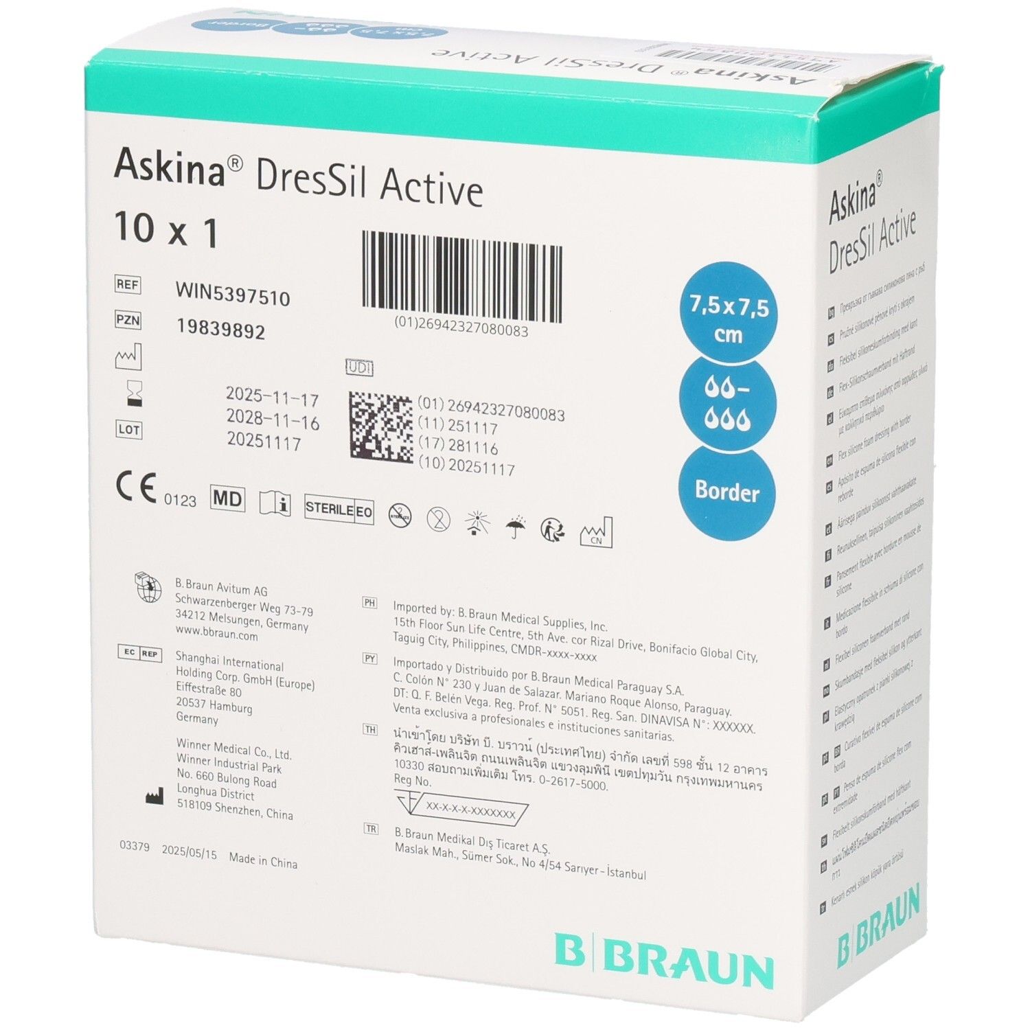 Askina® DressSil Active Schaumstoffverband 7,5 x 7,5 cm, 10x1 Stück. Weiße Verpackung mit Produktinformationen.