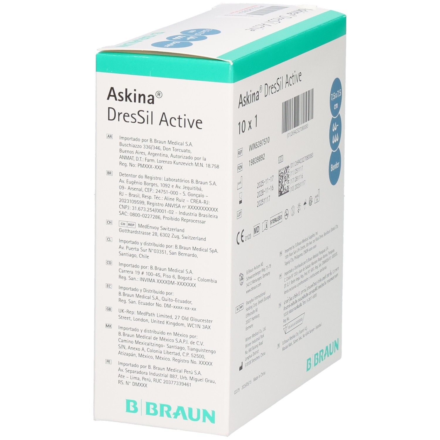Askina® DressSil Active Schaumstoffverband 7,5 x 7,5 cm, 10x1 Stück. Weiße Verpackung mit Produktinformationen.
