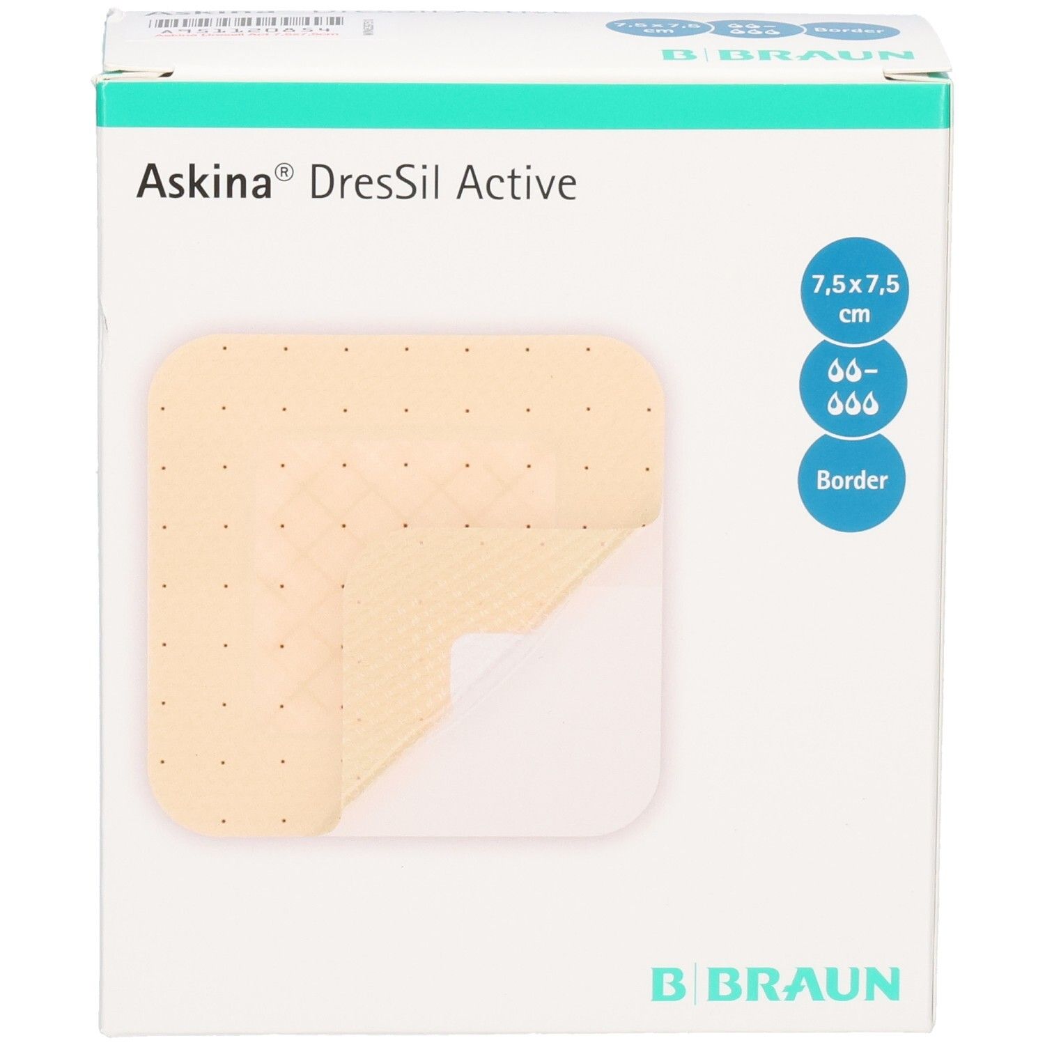 Askina® DressSil Active Schaumstoffverband 7,5 x 7,5 cm mit Rand. Gelbe Einlage auf weißer Verpackung.