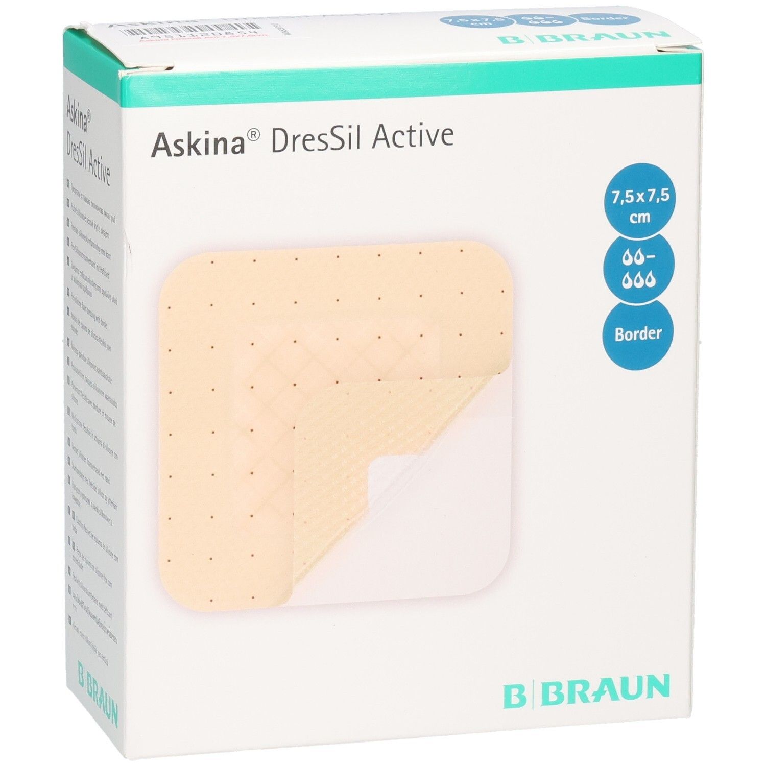 Askina® DressSil Active Schaumstoffverband 7,5 x 7,5 cm mit Rand. Gelbe Einlage auf weißer Verpackung.
