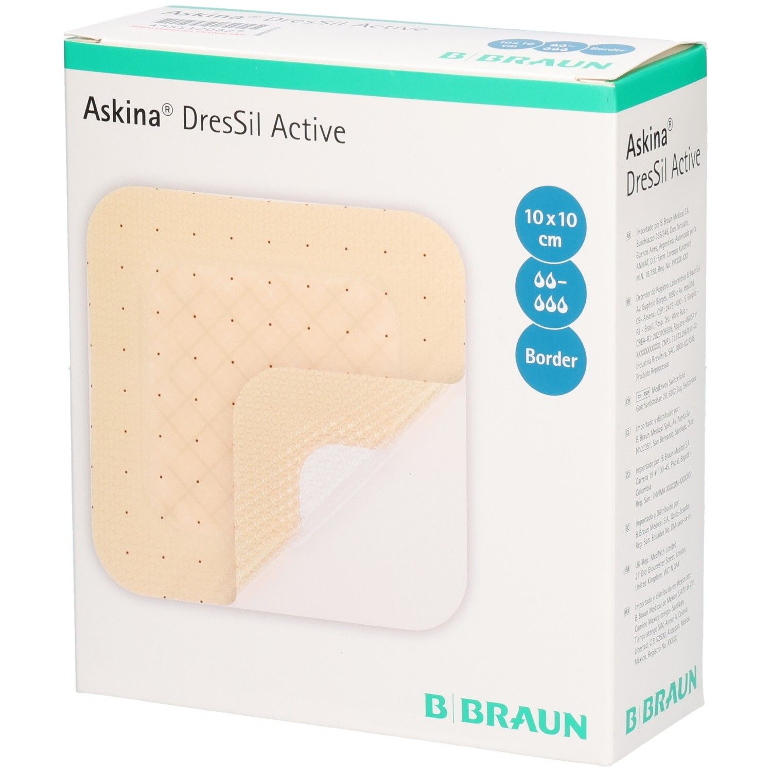 Verpackung von Askina DresSil Active Border. Zeigt ein Pflaster mit 10x10 cm. B. Braun Logo.