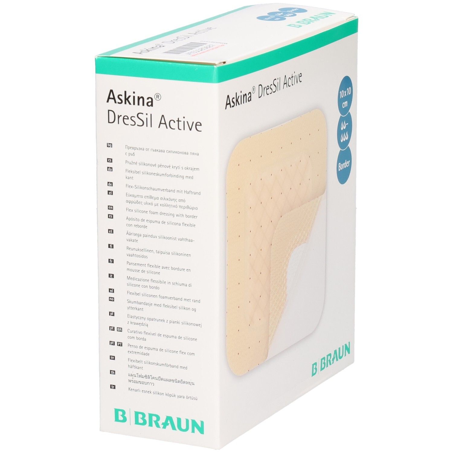 Verpackung von Askina DresSil Active Border. Zeigt ein Pflaster mit 10x10 cm. B. Braun Logo.