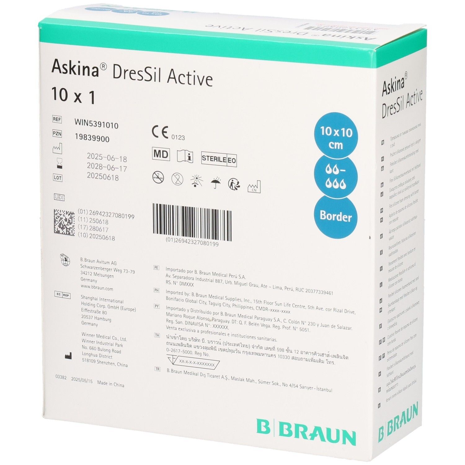 Verpackung von Askina DresSil Active 10x1. Enthält Informationen und ein Pflaster. B. Braun Logo.