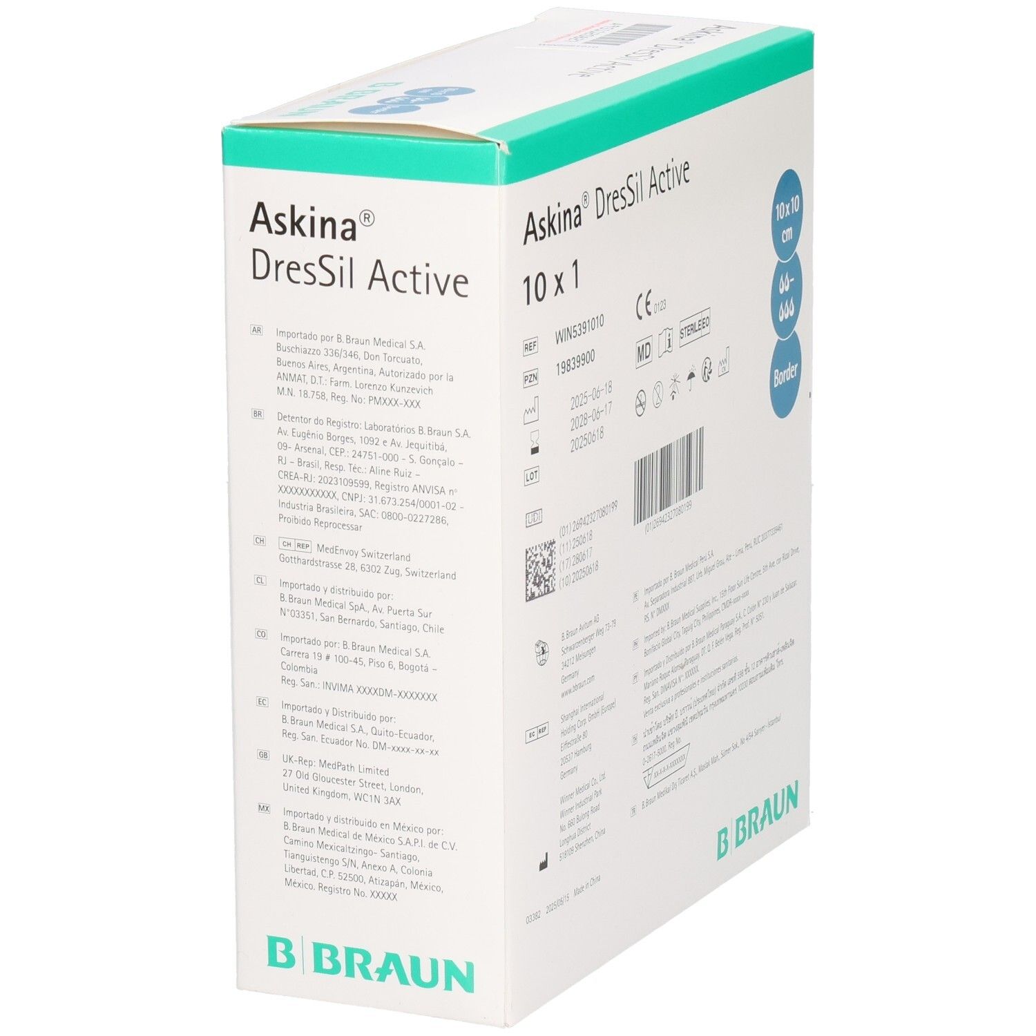 Verpackung von Askina DresSil Active 10x1. Enthält Informationen und ein Pflaster. B. Braun Logo.