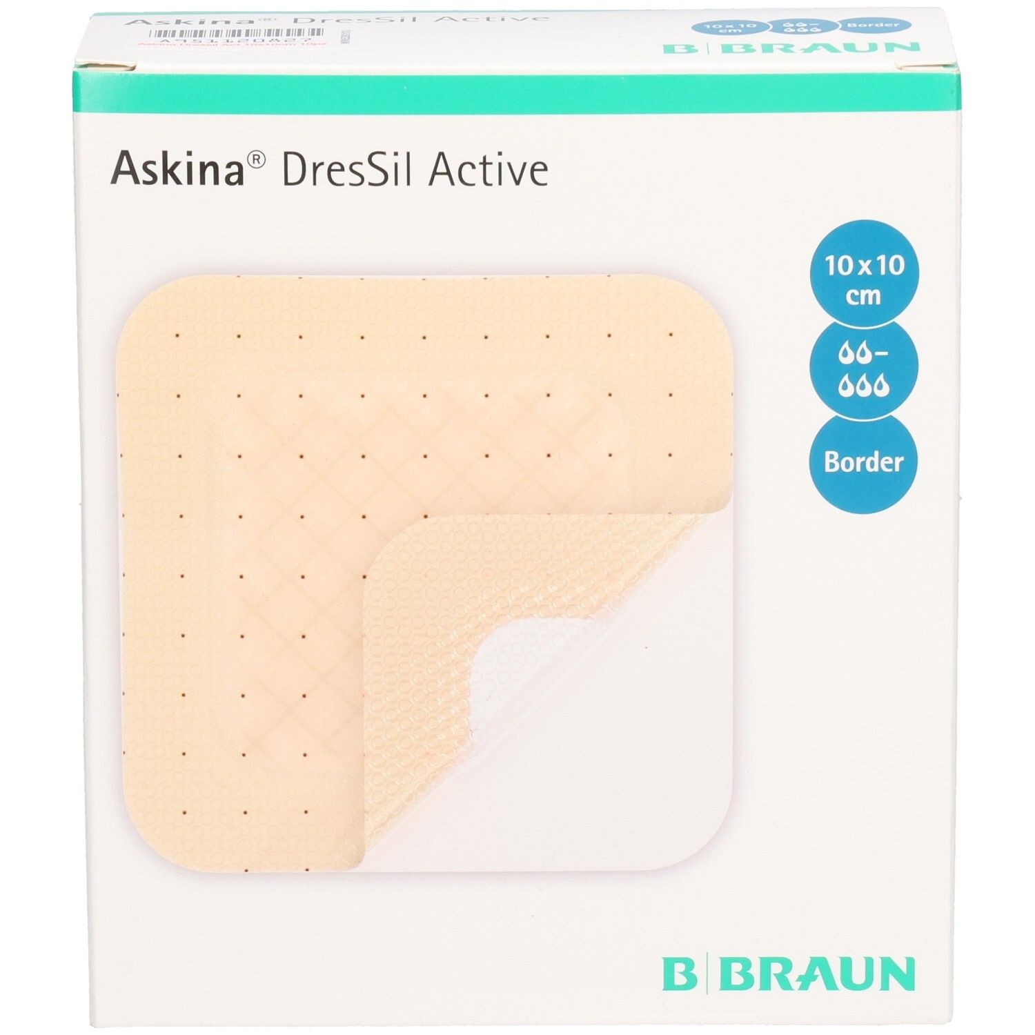 Verpackung von Askina DresSil Active Border. Zeigt ein Pflaster mit 10x10 cm. B. Braun Logo.