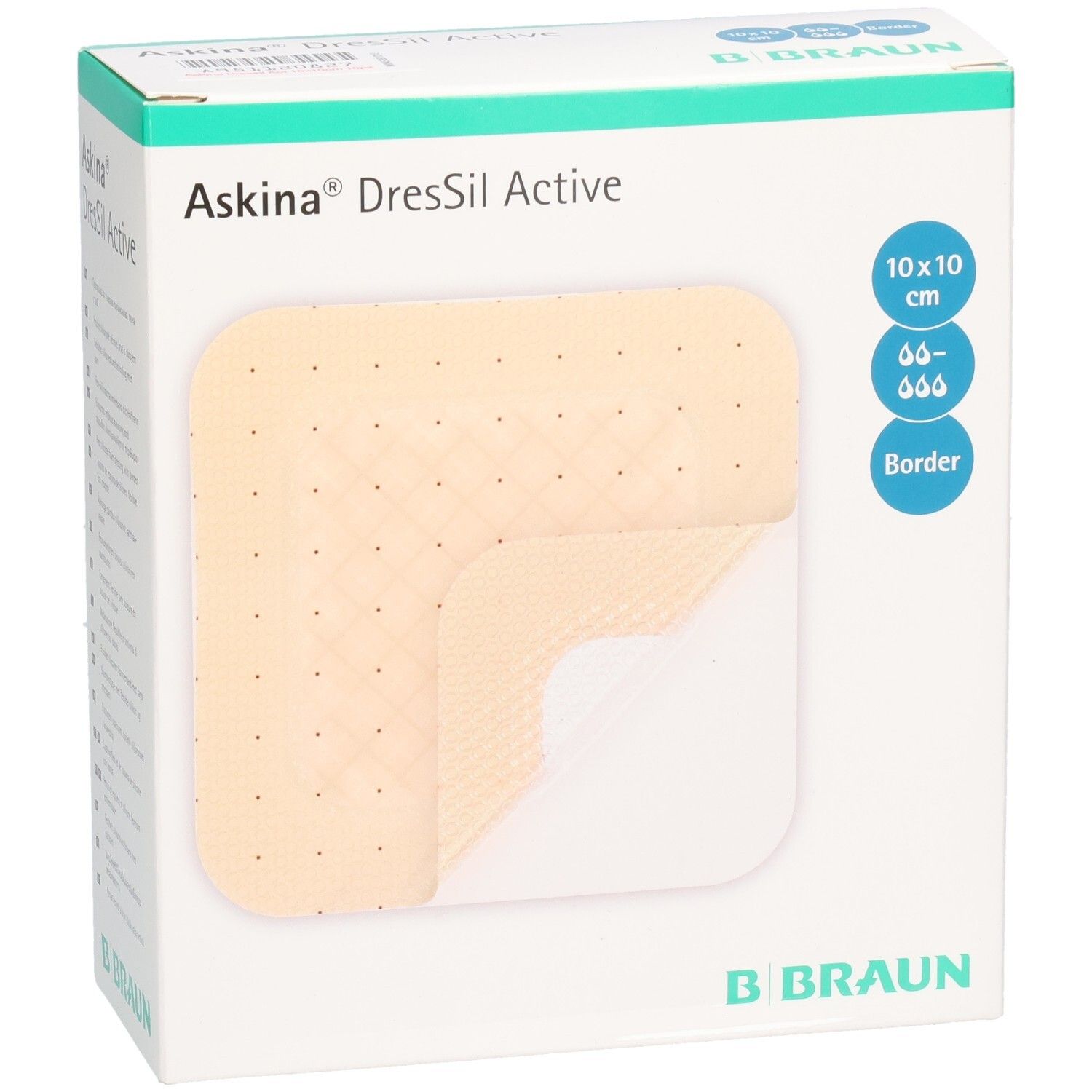 Verpackung von Askina DresSil Active Border. Zeigt ein Pflaster mit 10x10 cm. B. Braun Logo.