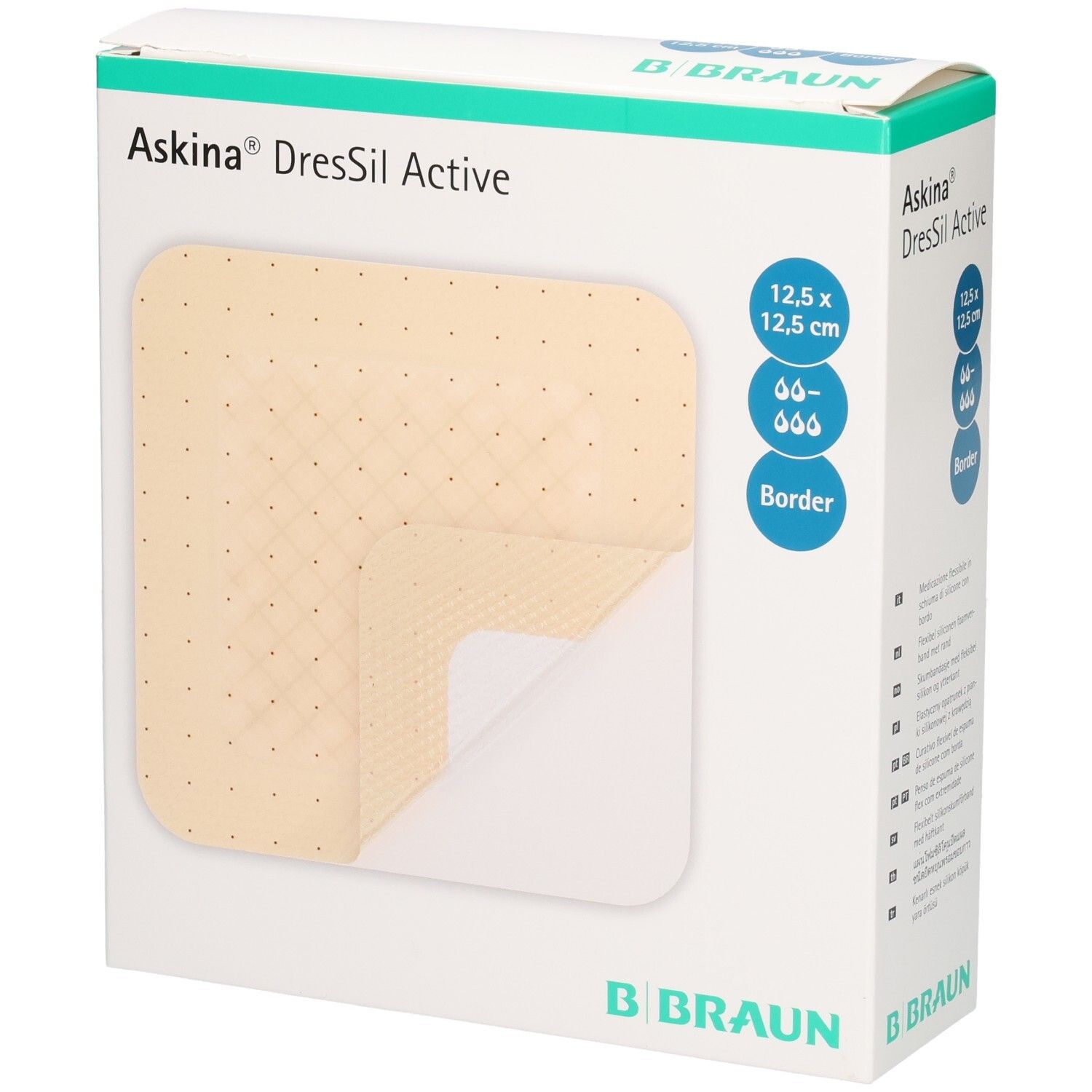 Verpackung von Askina DresSil Active Border. Zeigt einen Verband mit den Maßen 12,5 x 12,5 cm. B. Braun Logo.