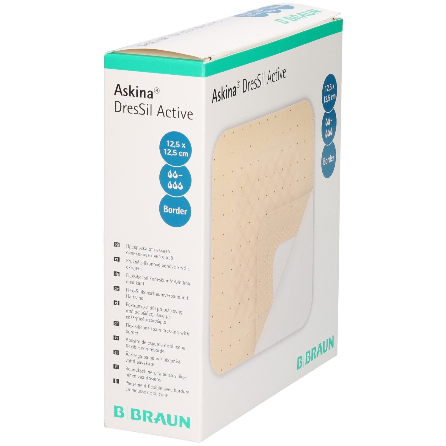 Askina DresSil Active Border Verpackung. Zeigt einen Verband mit den Maßen 12,5 x 12,5 cm. B. Braun Logo.