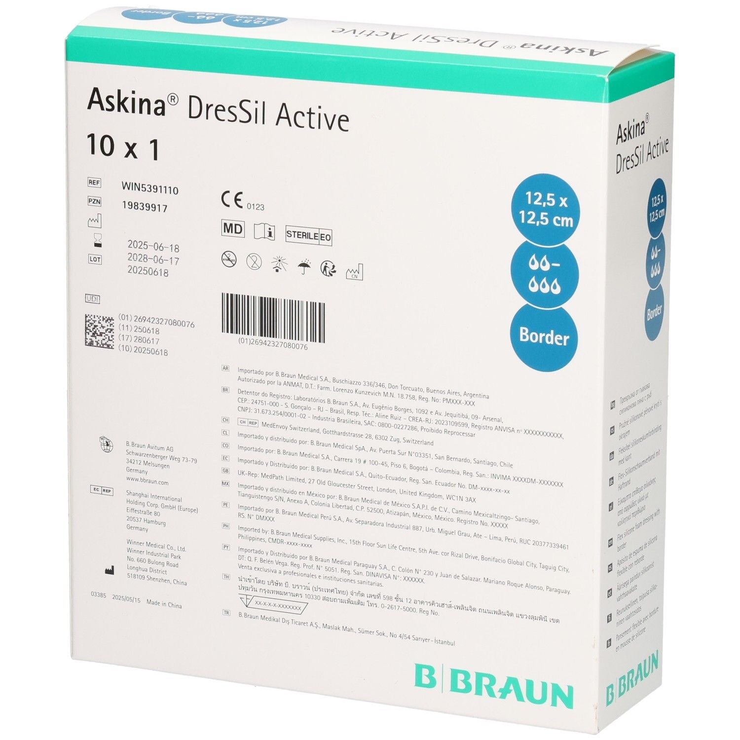 Rückseite der Askina DresSil Active Border Verpackung. Enthält Informationen und Zertifizierungen. B. Braun Logo.