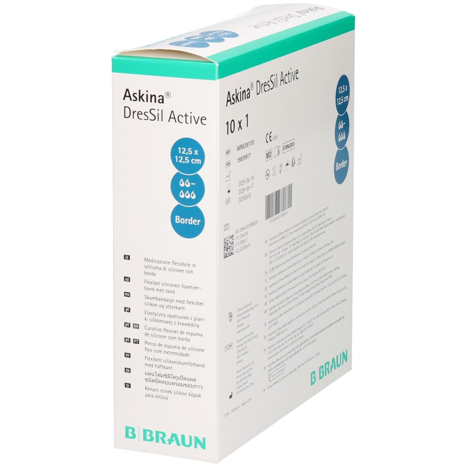 Askina DresSil Active Border Verpackung. Rückseite mit Informationen und Zertifizierungen. B. Braun Logo.