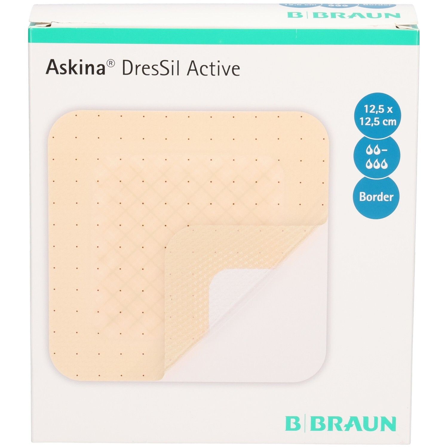 Askina DresSil Active Border Verpackung. Zeigt einen Verband mit den Maßen 12,5 x 12,5 cm. B. Braun Logo.