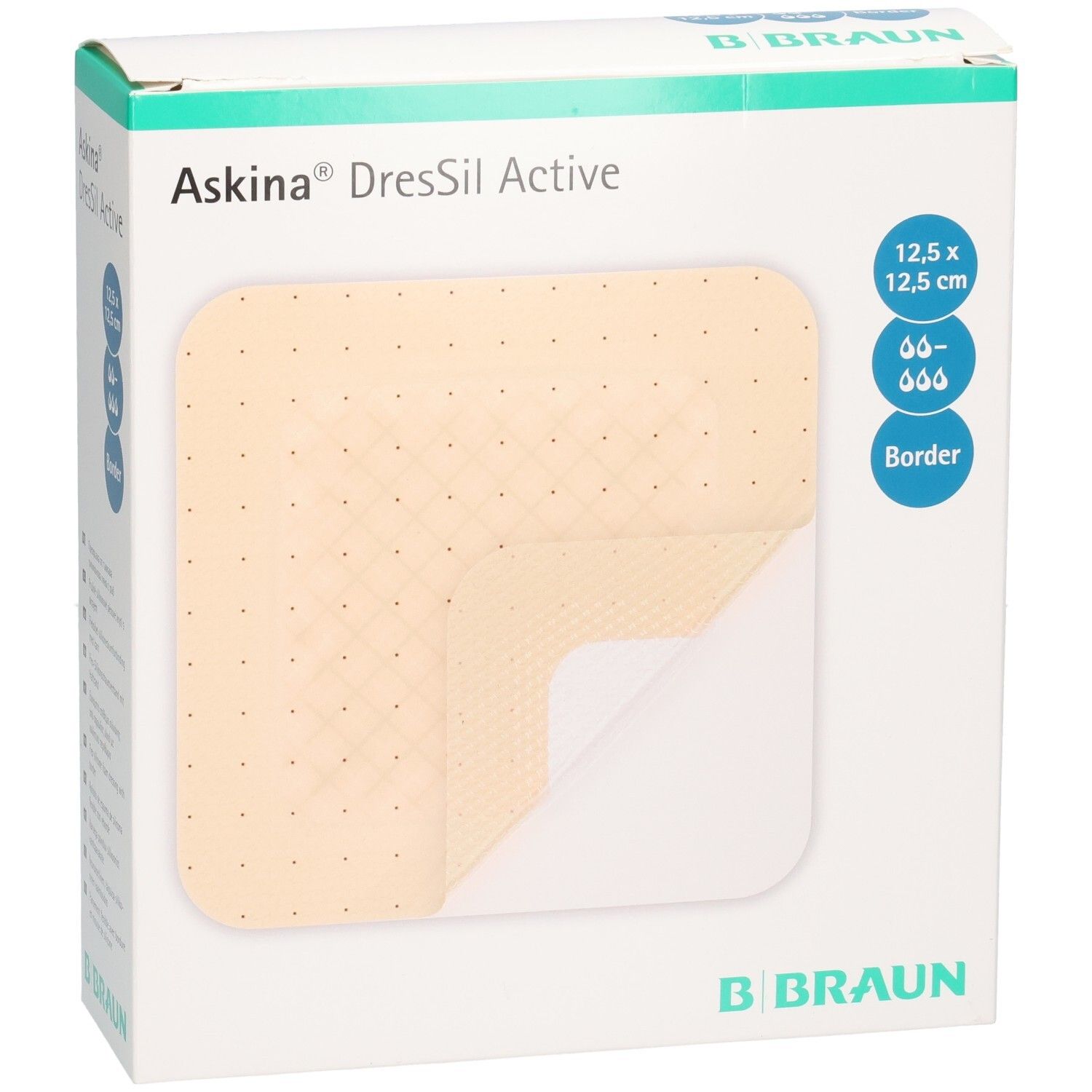 Askina DresSil Active Border Verpackung. Zeigt einen Verband mit den Maßen 12,5 x 12,5 cm. B. Braun Logo.