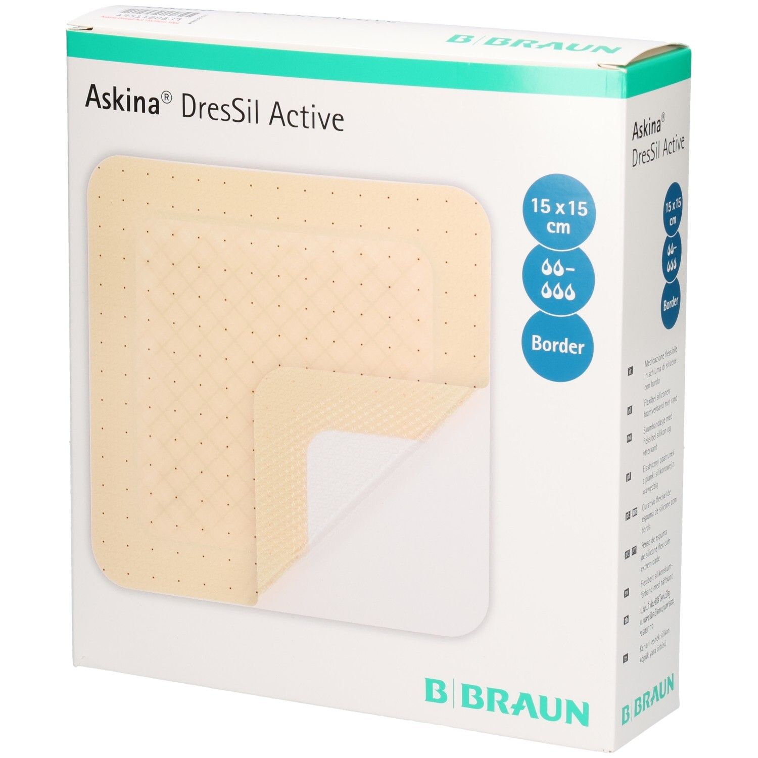 Verpackung von Askina DresSil Active Border. Größe 15x15 cm. B. Braun Logo. Produkt teilweise sichtbar.