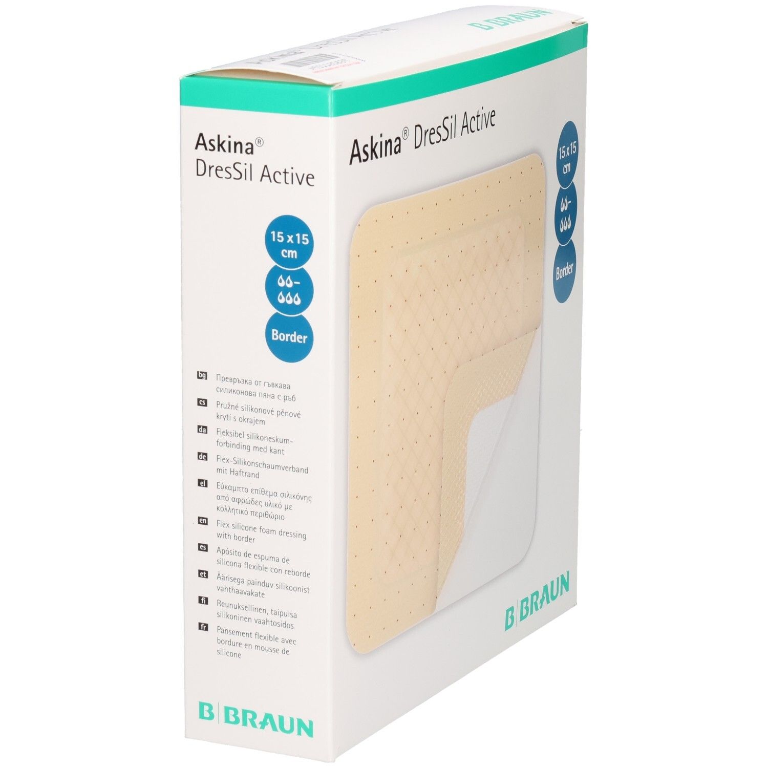 Verpackung von Askina DresSil Active Border. Größe 15x15 cm. B. Braun Logo. Produkt teilweise sichtbar.