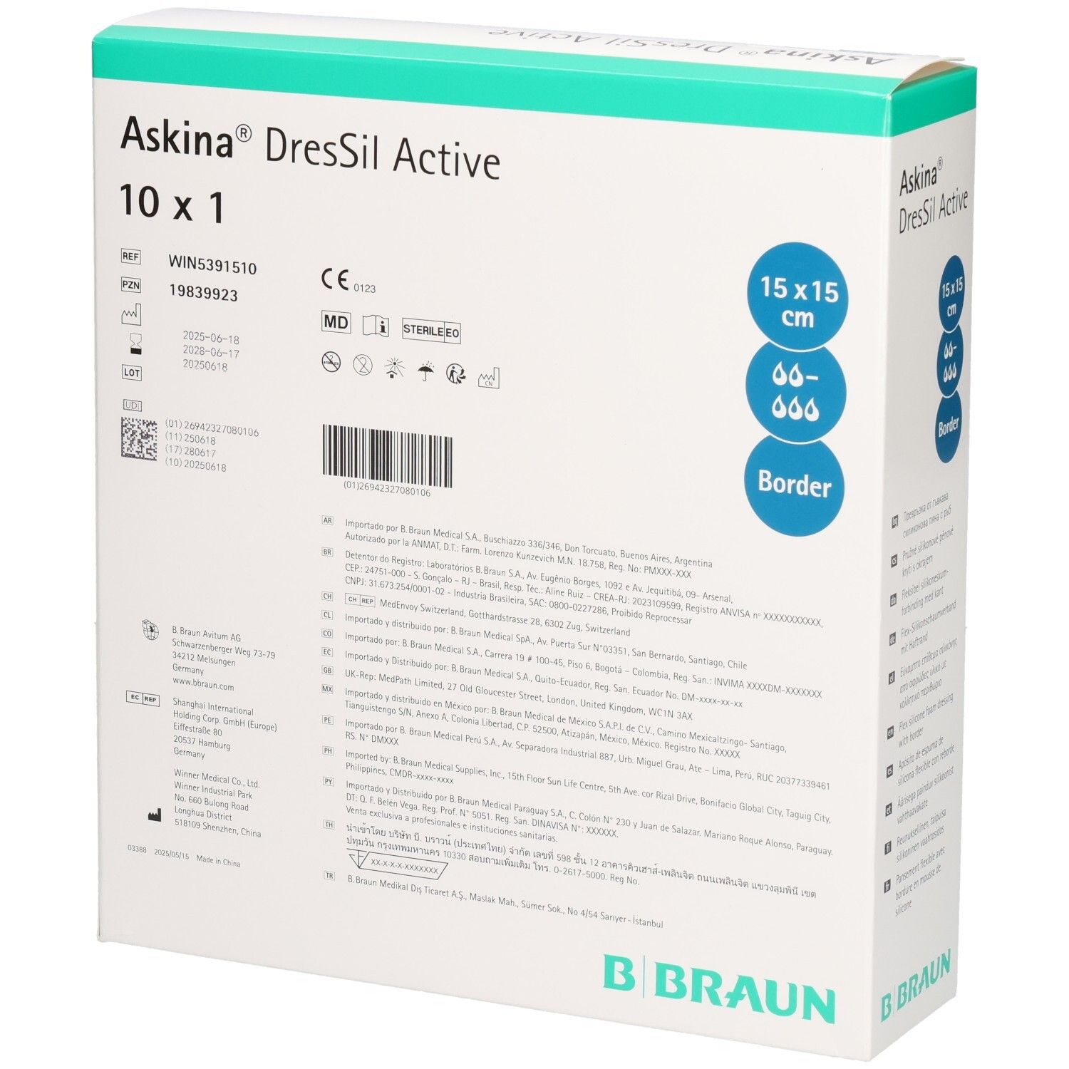 Verpackung von Askina DresSil Active Border. Größe 15x15 cm. B. Braun Logo. 10 x 1 Packung.
