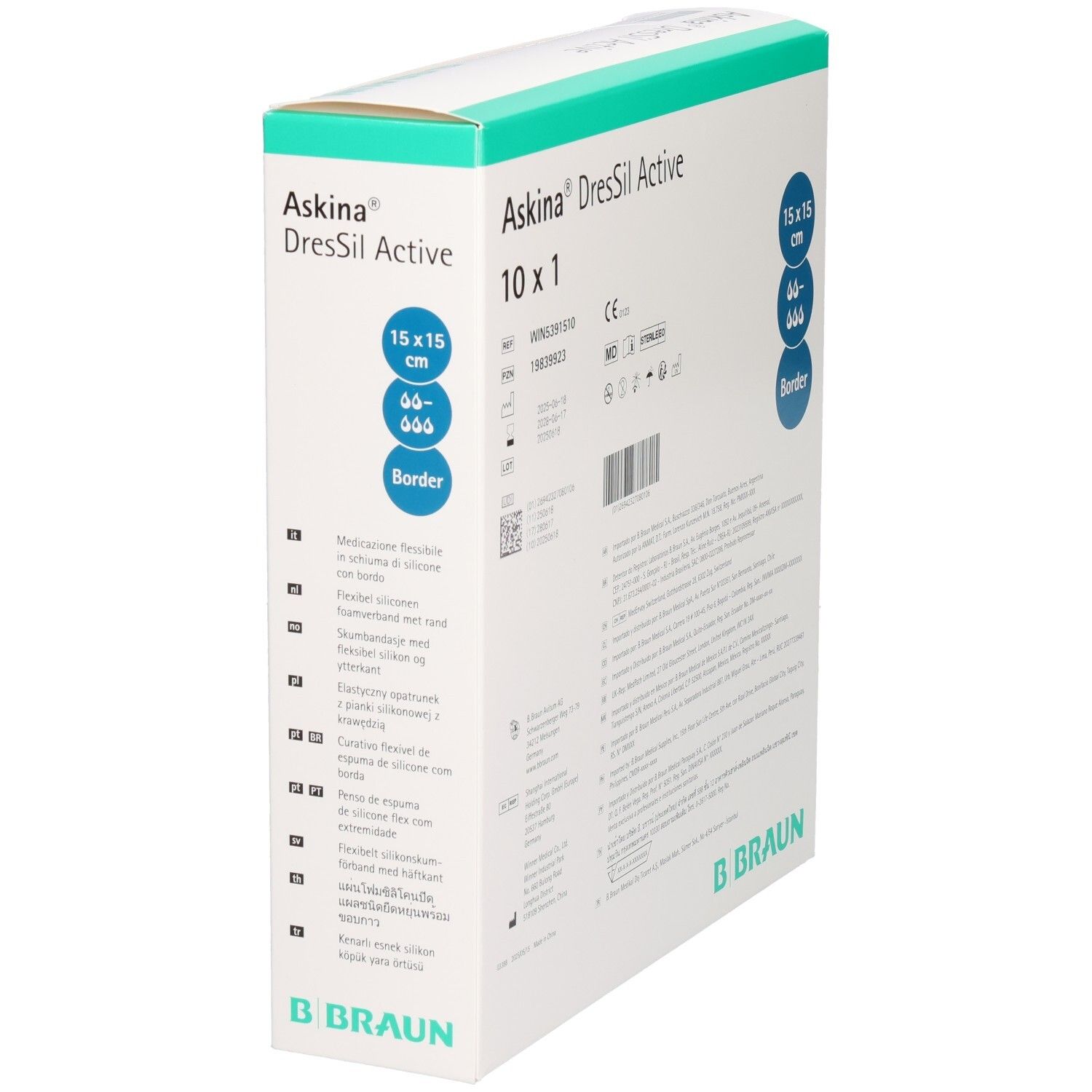 Verpackung von Askina DresSil Active Border. Größe 15x15 cm. B. Braun Logo. 10 x 1 Packung.