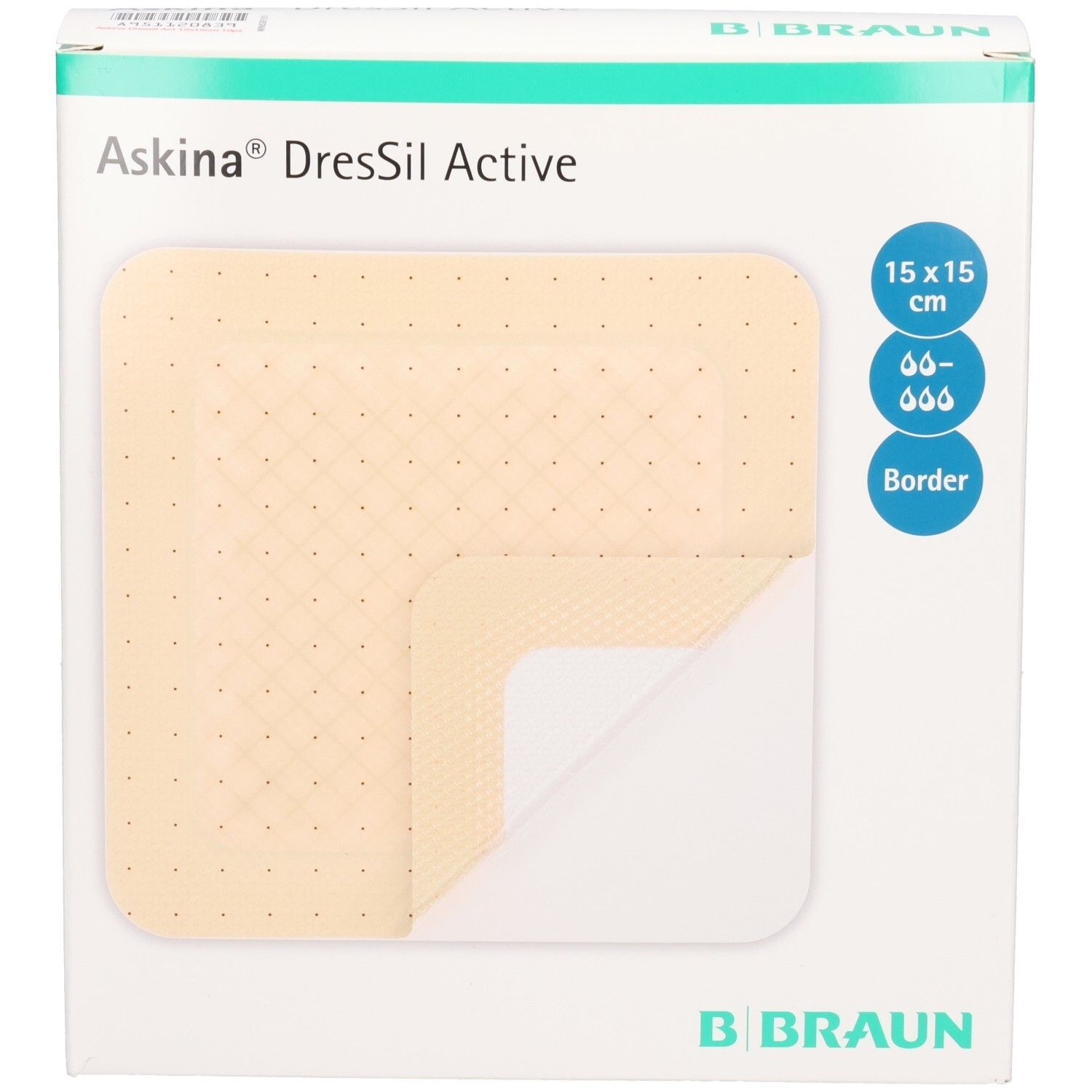 Verpackung von Askina DresSil Active Border. Größe 15x15 cm. B. Braun Logo. Produkt teilweise sichtbar.