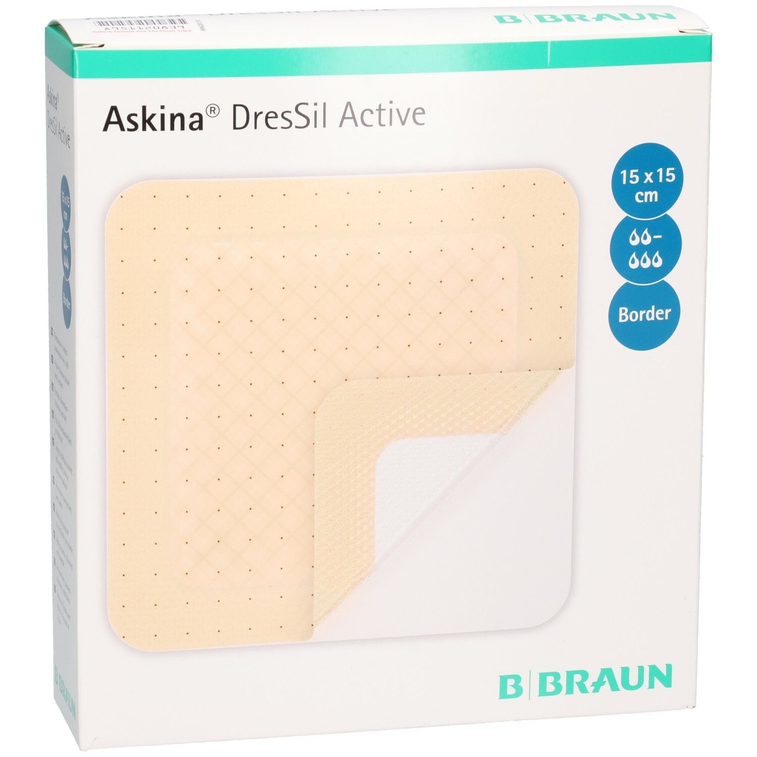 Verpackung von Askina DresSil Active Border. Größe 15x15 cm. B. Braun Logo. Produkt teilweise sichtbar.